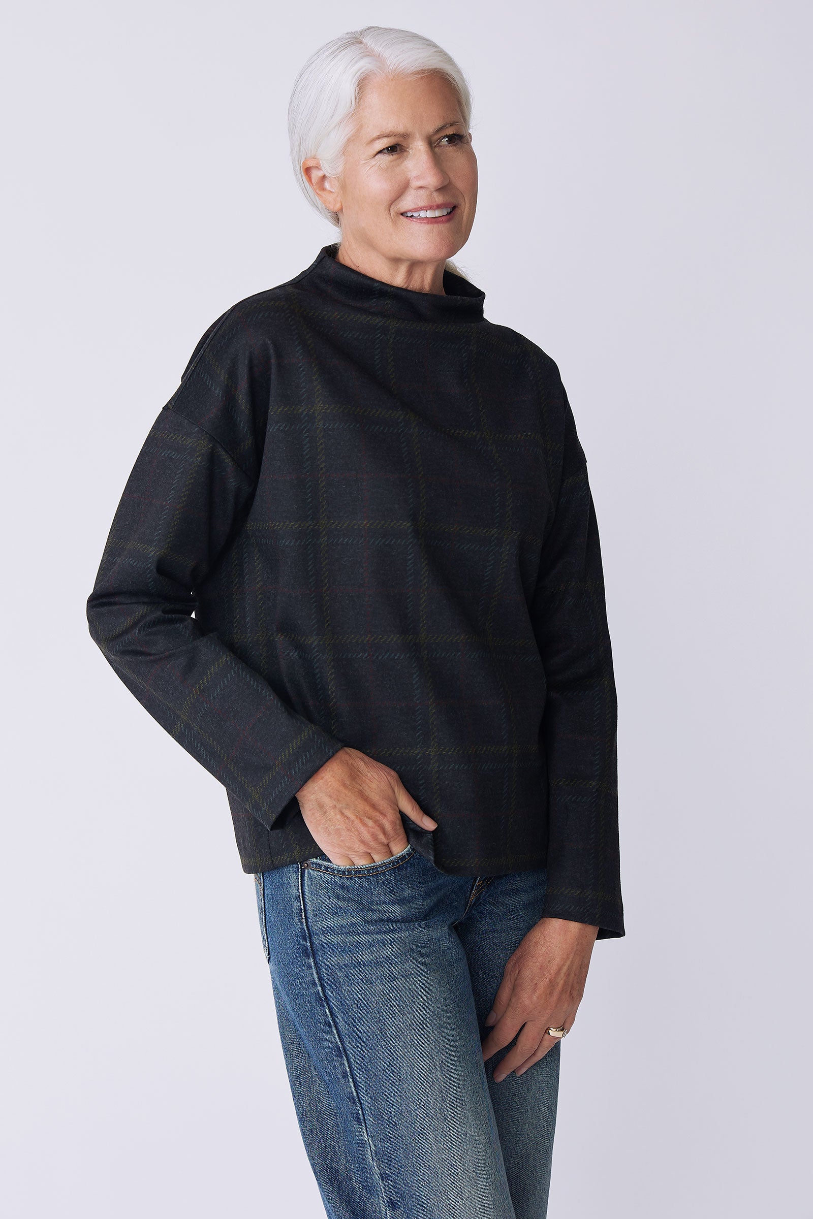 Kal Rieman Ethel Funnelneck in plaid ponte on model side view hand in pocket