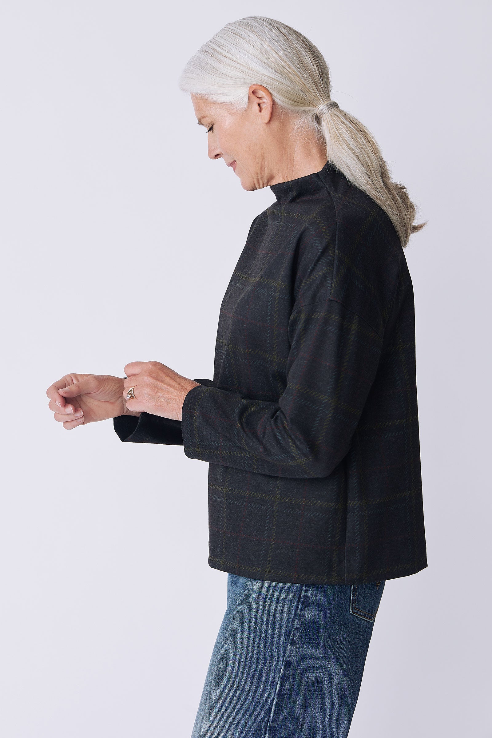 Kal Rieman Ethel Funnelneck in plaid ponte on model side view