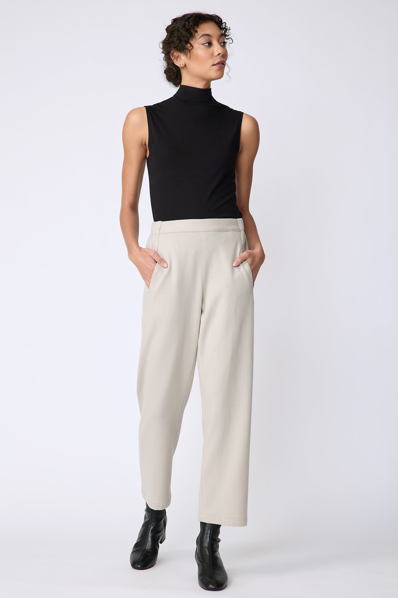 Kal Rieman Felted Jersey Angle seam crop pant in mink on model front view walking