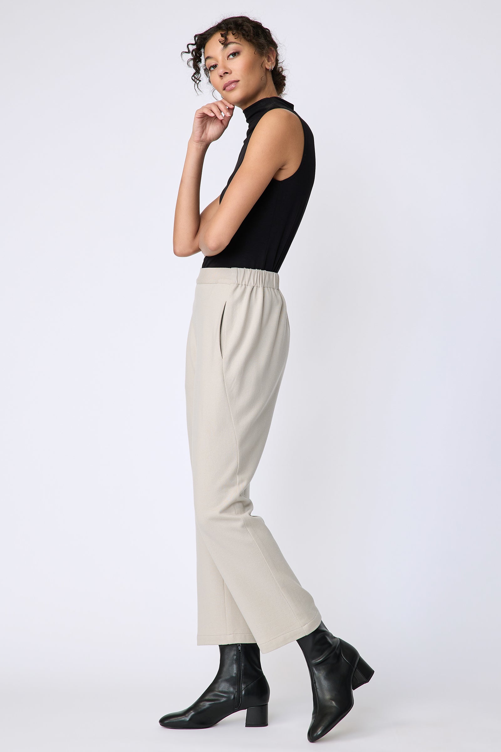 Kal Rieman Felted Jersey Angle seam crop pant in mink on model side view