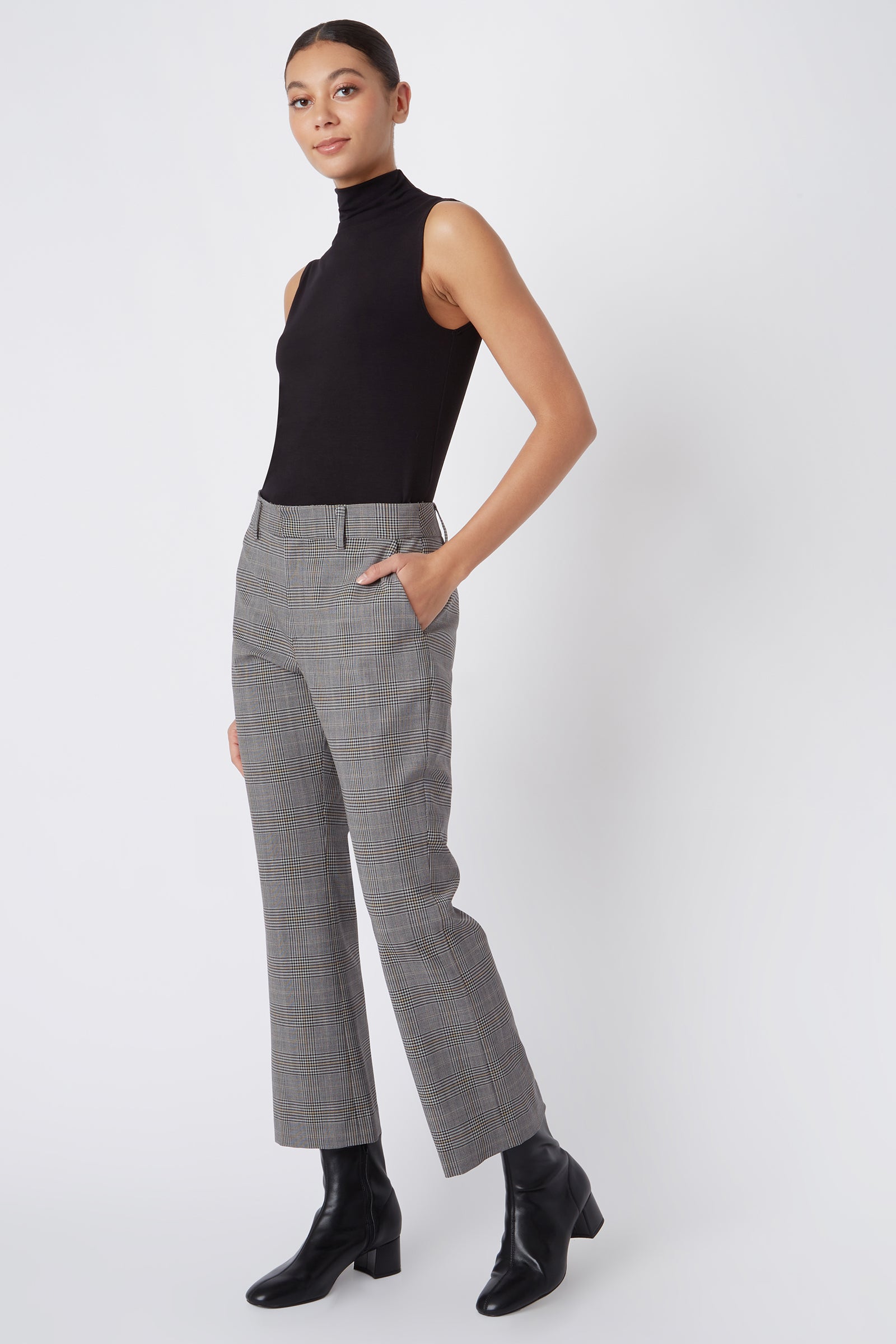 Kal Rieman Francoise Crop Flare in Glen Plaid on Model with Hand in Pocket Full Front View