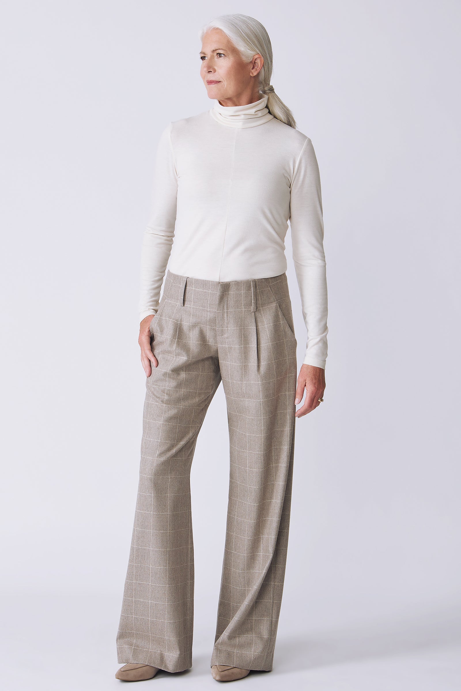 Kal Rieman Gabby Trouser in camel windowpane on model side view full