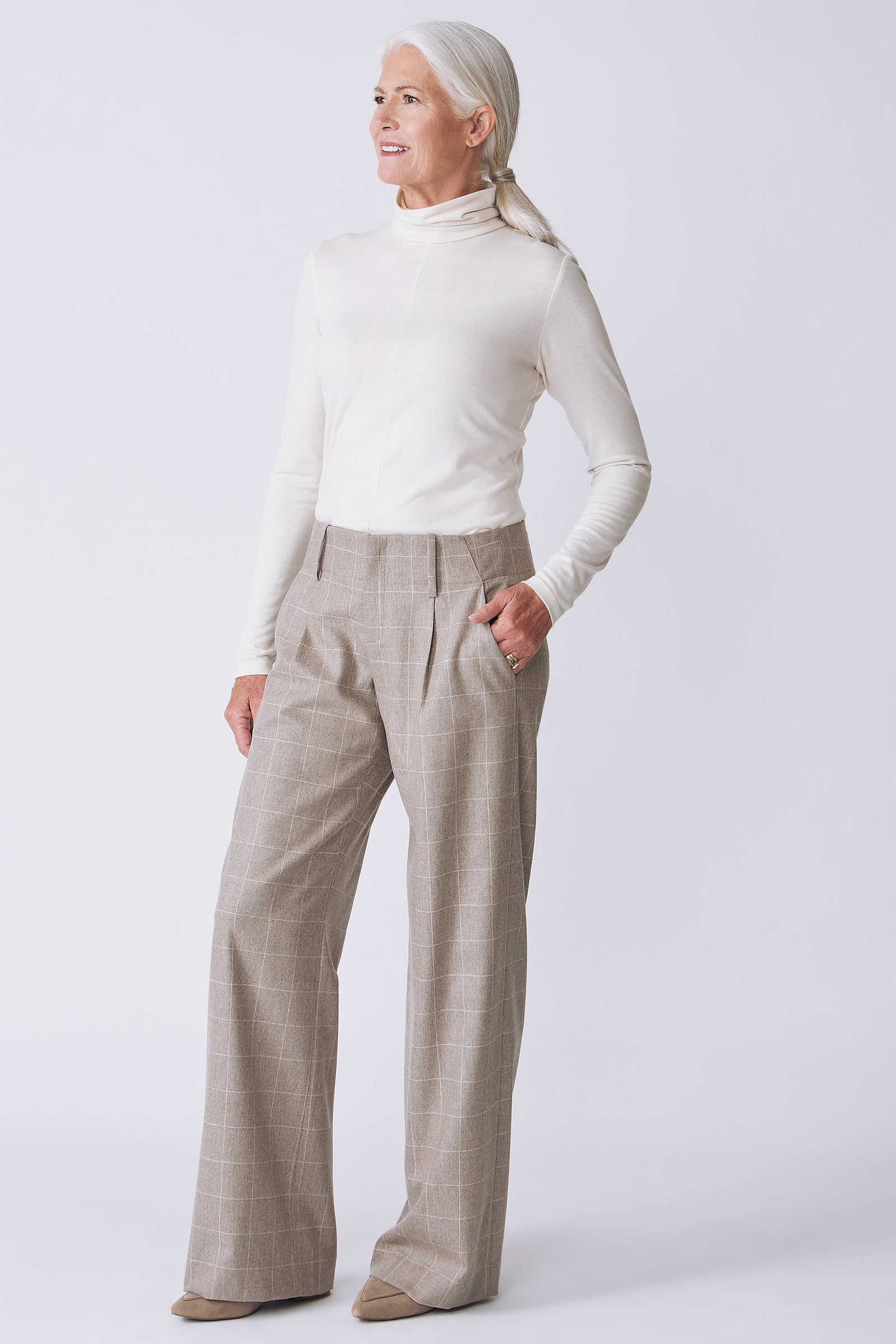 Kal Rieman Gabby Trouser in camel windowpane on model side view hand in pocket