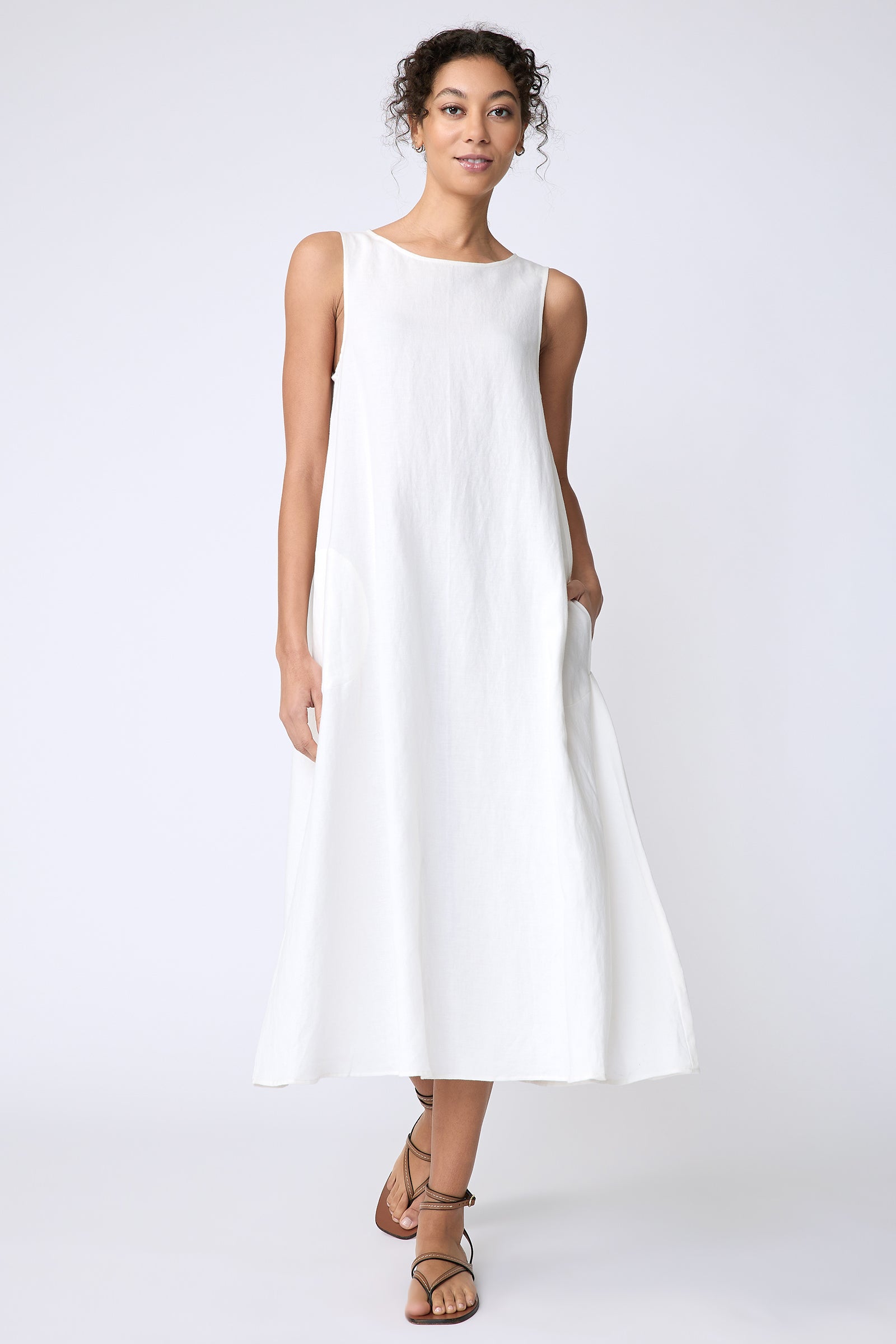 Kal Rieman Georgina Dress in Cotton Linen Ivory on model front view walking