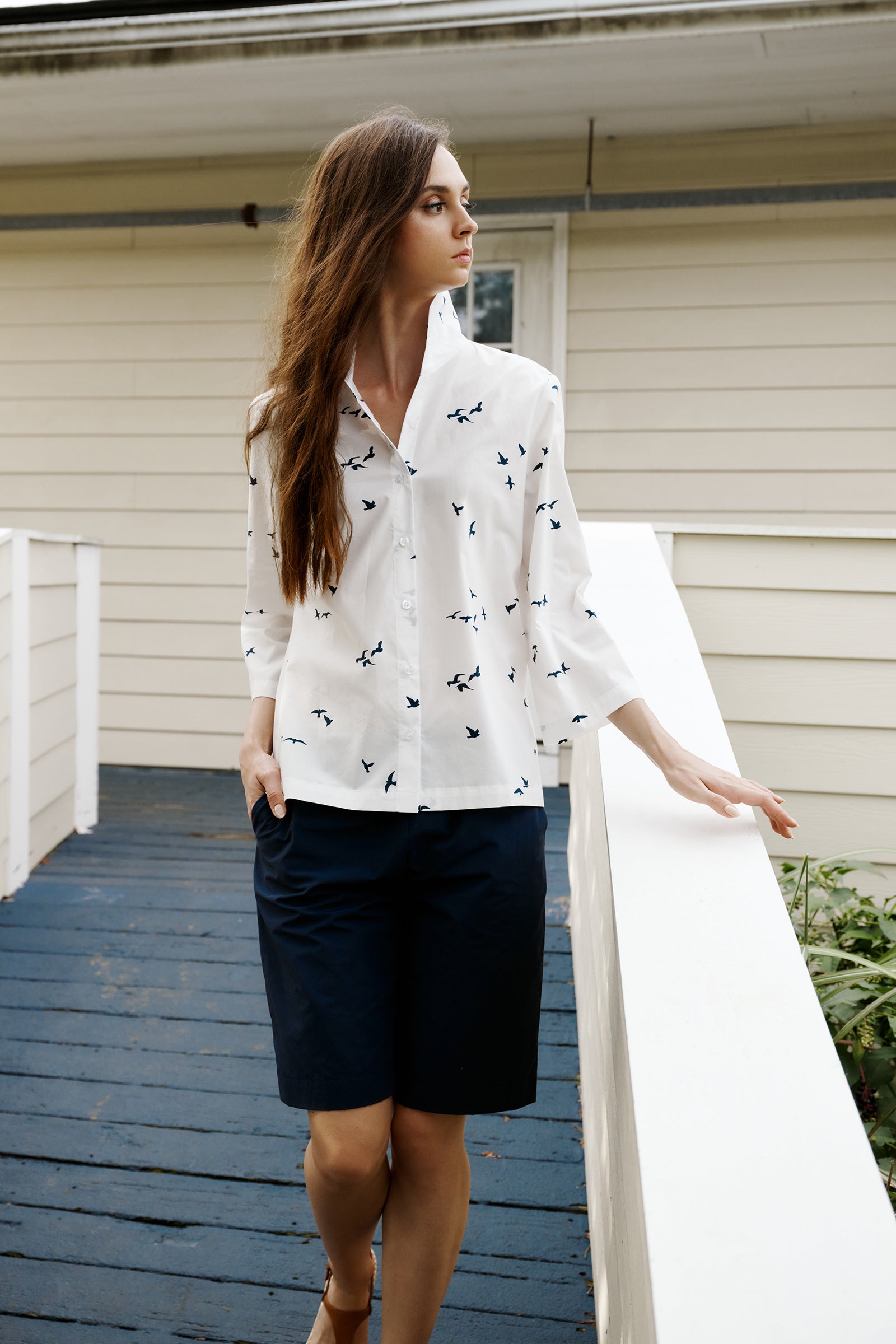 Kal Rieman 3/4 Sleeve Ginna Shirt in White Bird Print on model front view