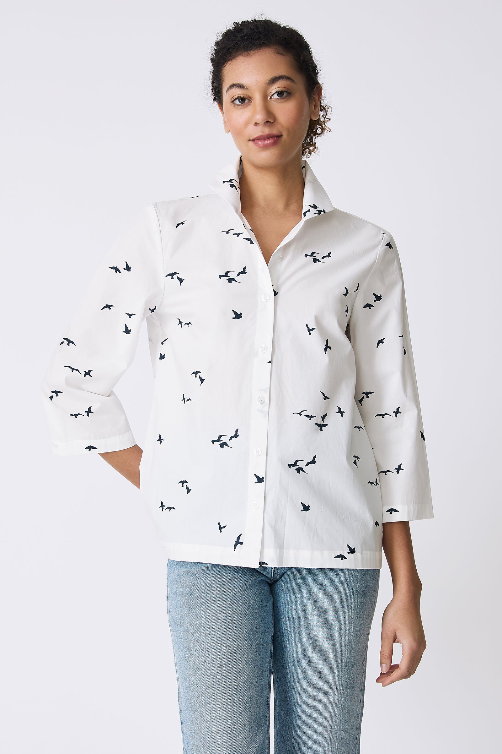 Kal Rieman 3/4 Sleeve Ginna Shirt in White Bird Print on model front view