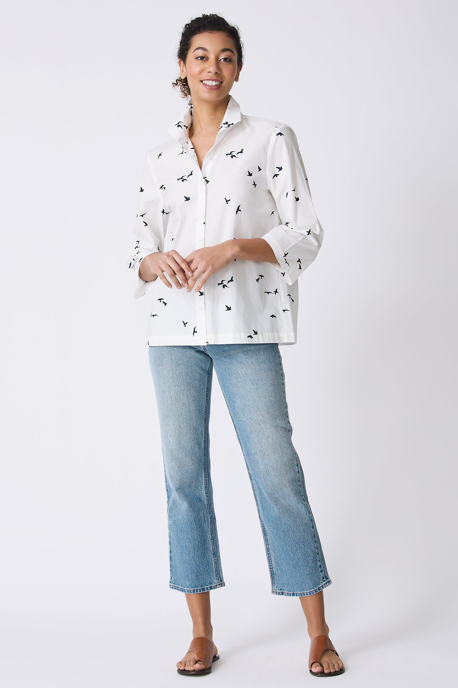 Kal Rieman 3/4 Sleeve Ginna Shirt in White Bird Print on model smiling full front view