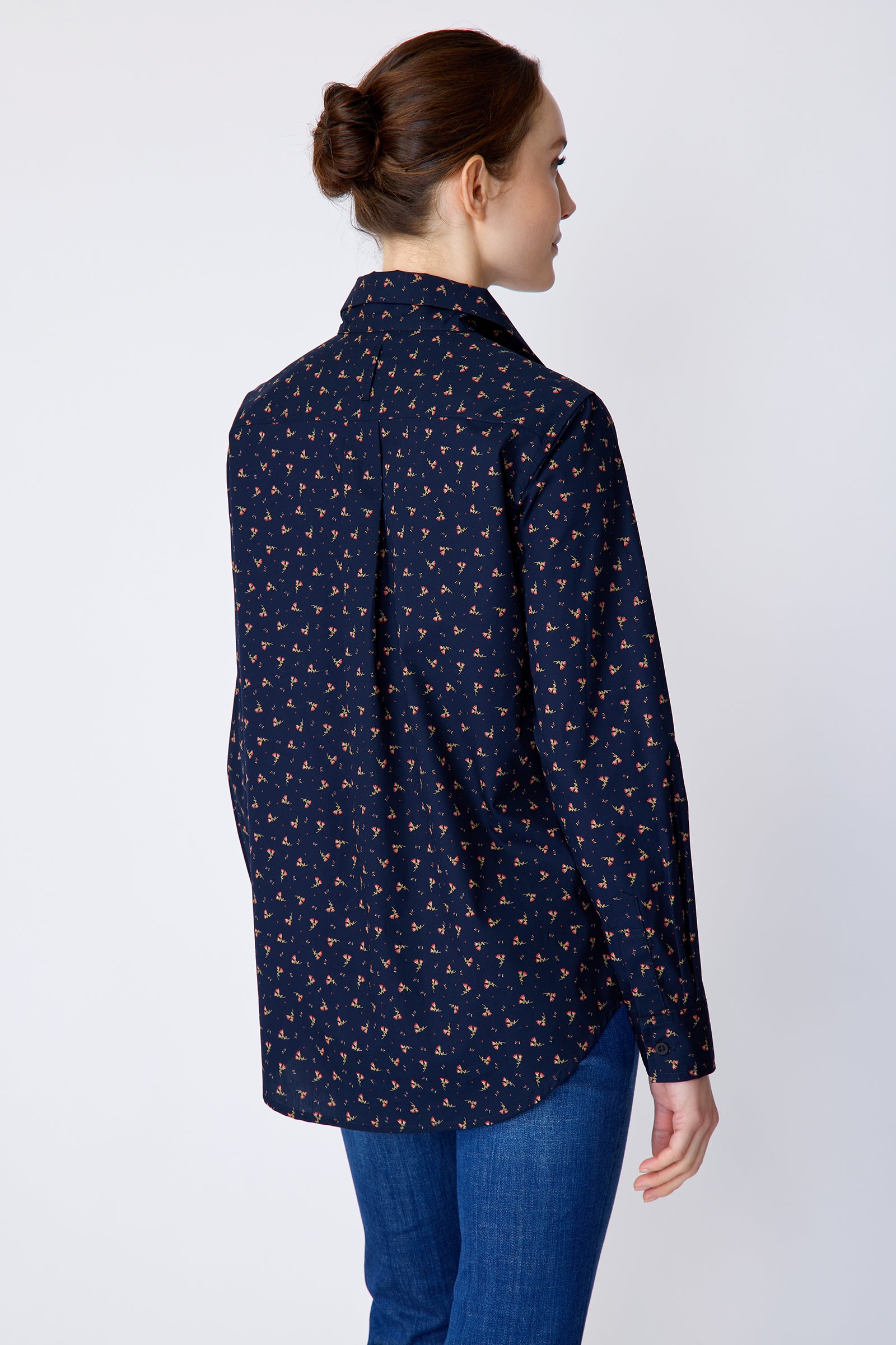 Kal Rieman Ginna Box Pleat Shirt in Mini  Floral on model front view hands in pocket
