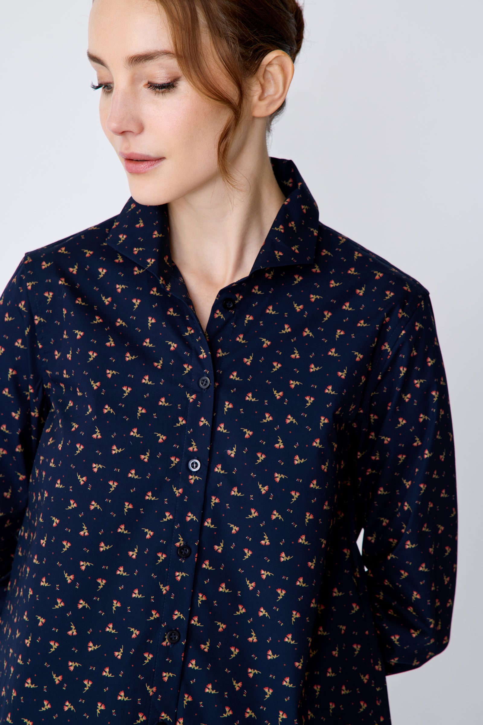 Kal Rieman Ginna Box Pleat Shirt in Mini Floral on model detail