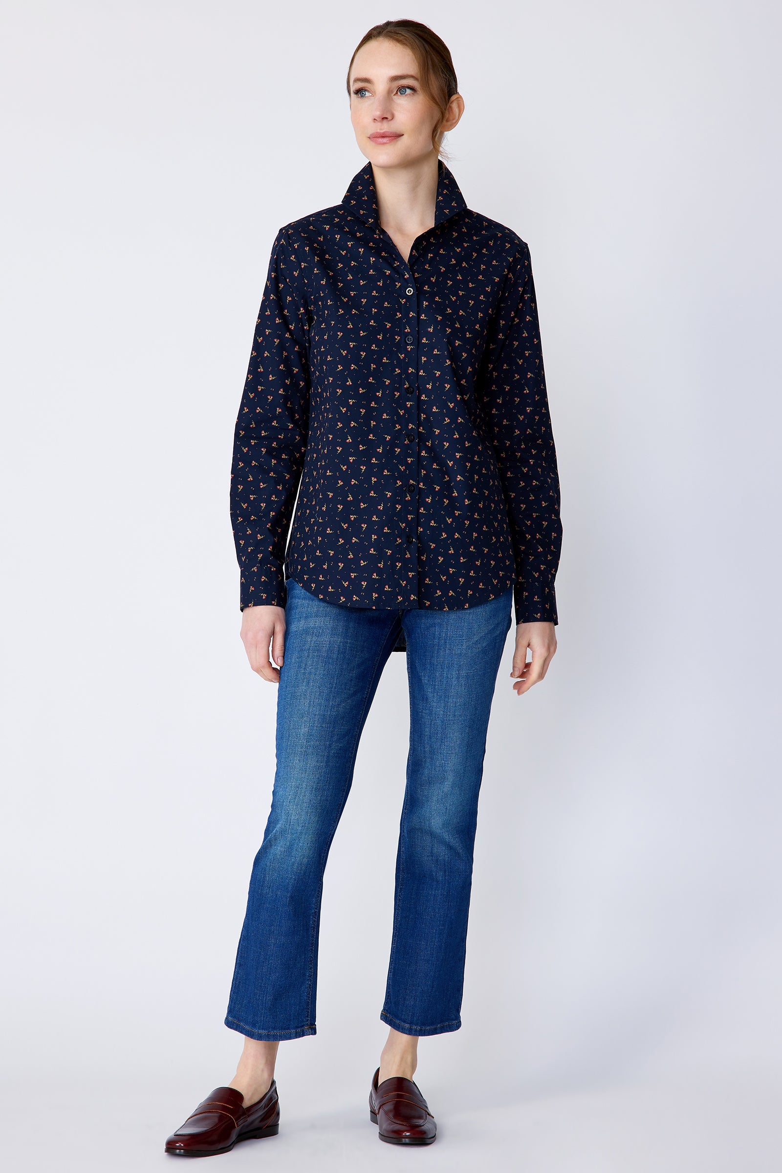 Kal Rieman Ginna Box Pleat Shirt in Mini Floral on model front view full looking to the side