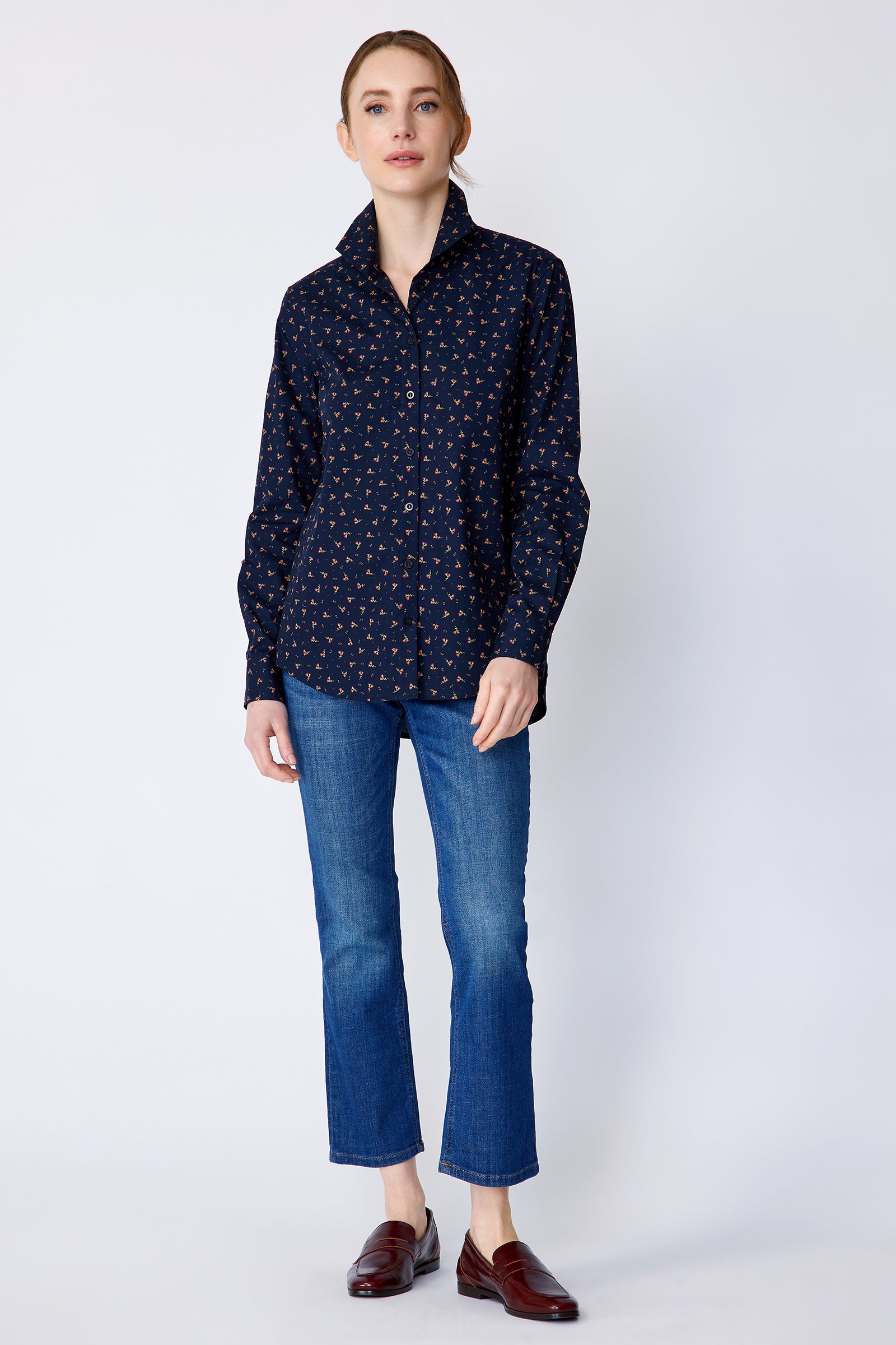 Kal Rieman Ginna Box Pleat Shirt in Mini Floral on model front view full