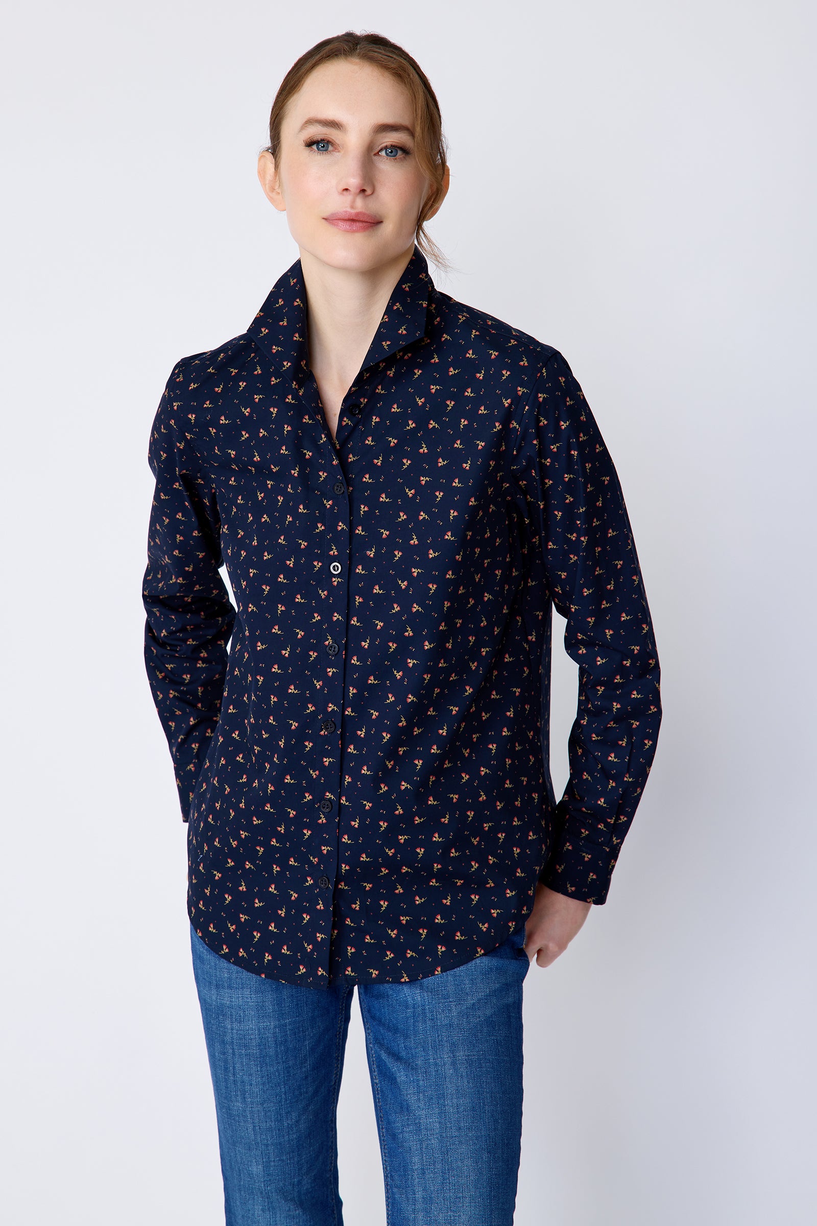 Kal Rieman Ginna Box Pleat Shirt in Mini Floral on model front view hands in back pockets