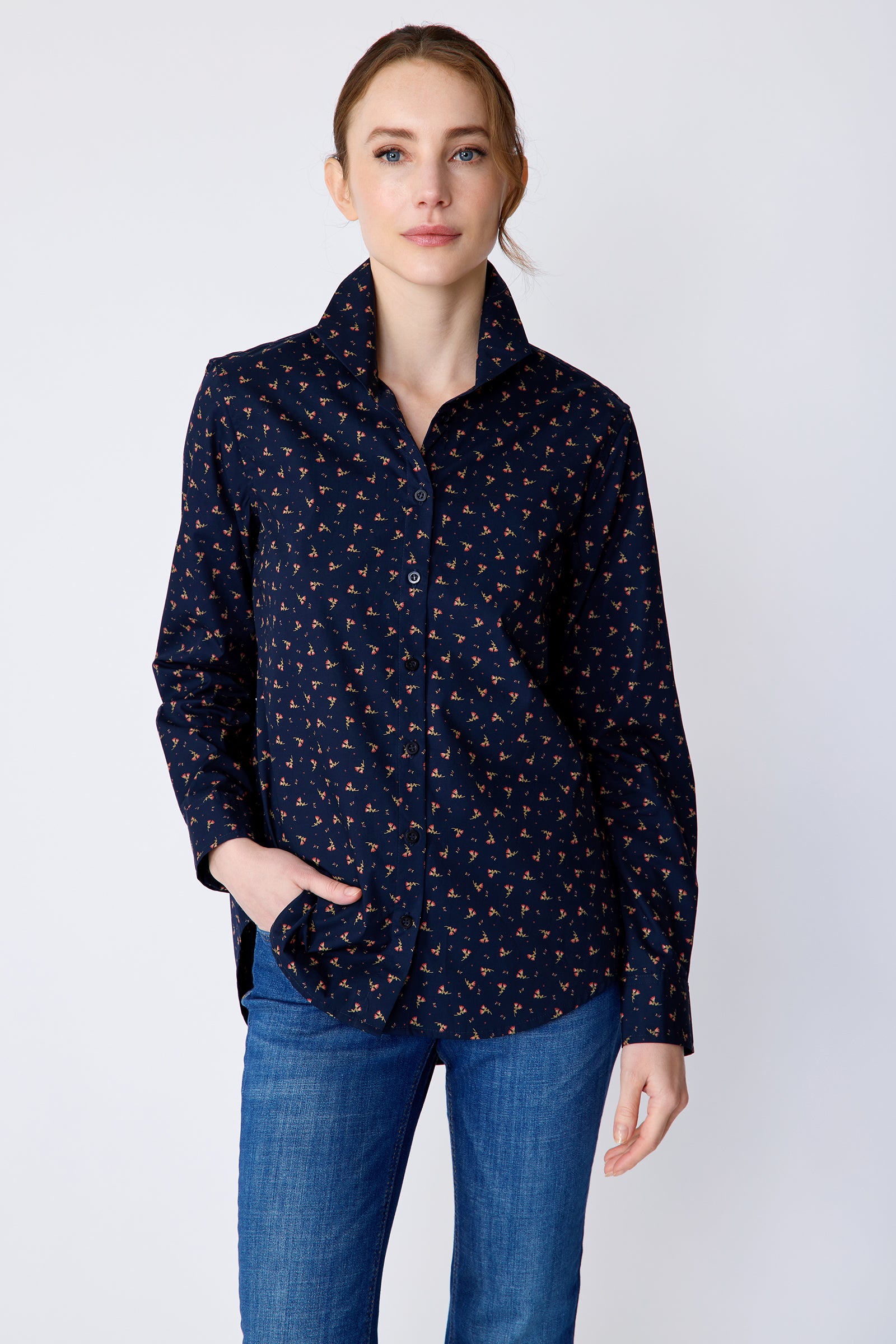 Kal Rieman Ginna Box Pleat Shirt in Mini  Floral on model front view hands in pocket