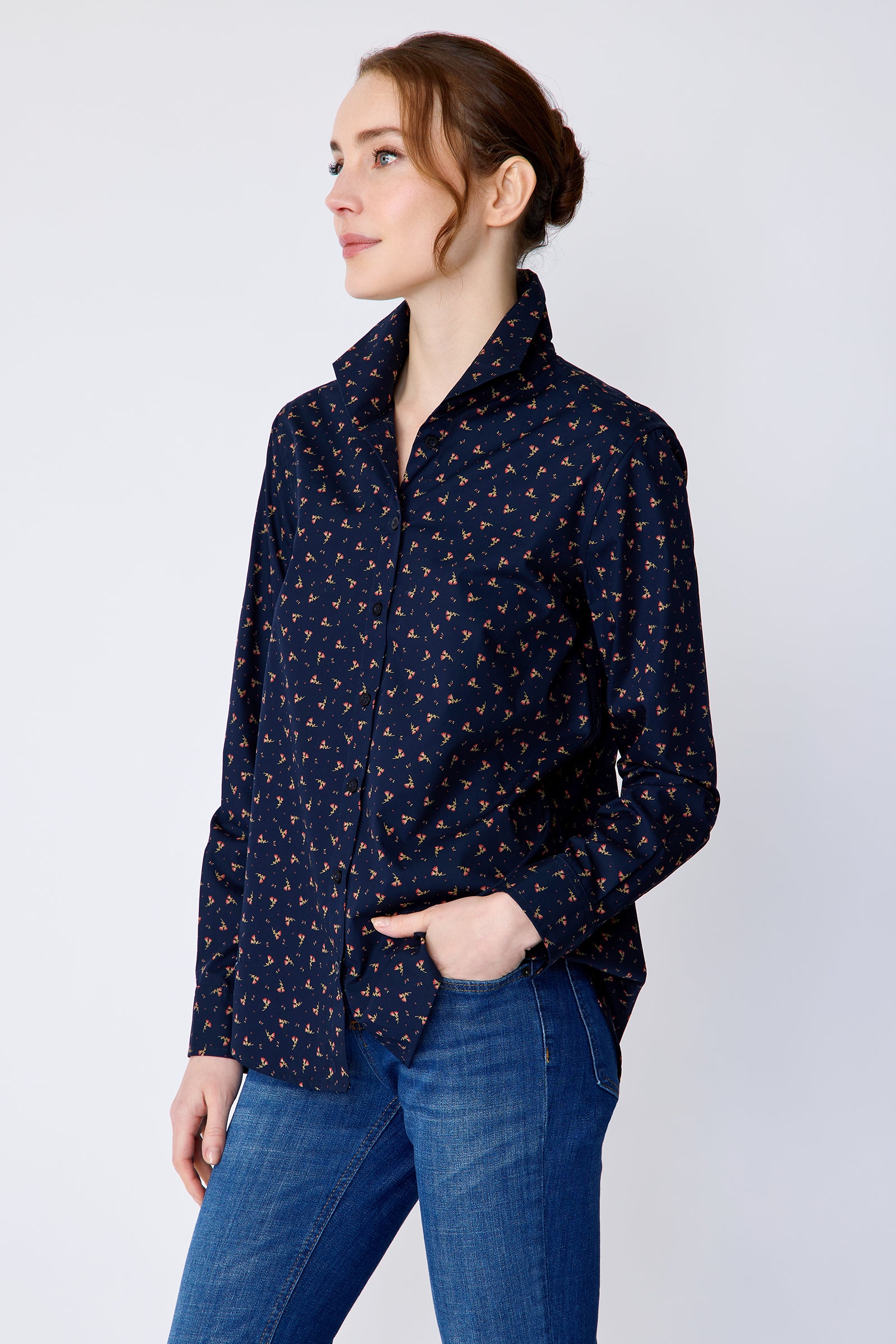 Kal Rieman Ginna Box Pleat Shirt in Mini Floral on model side view hand in pocket