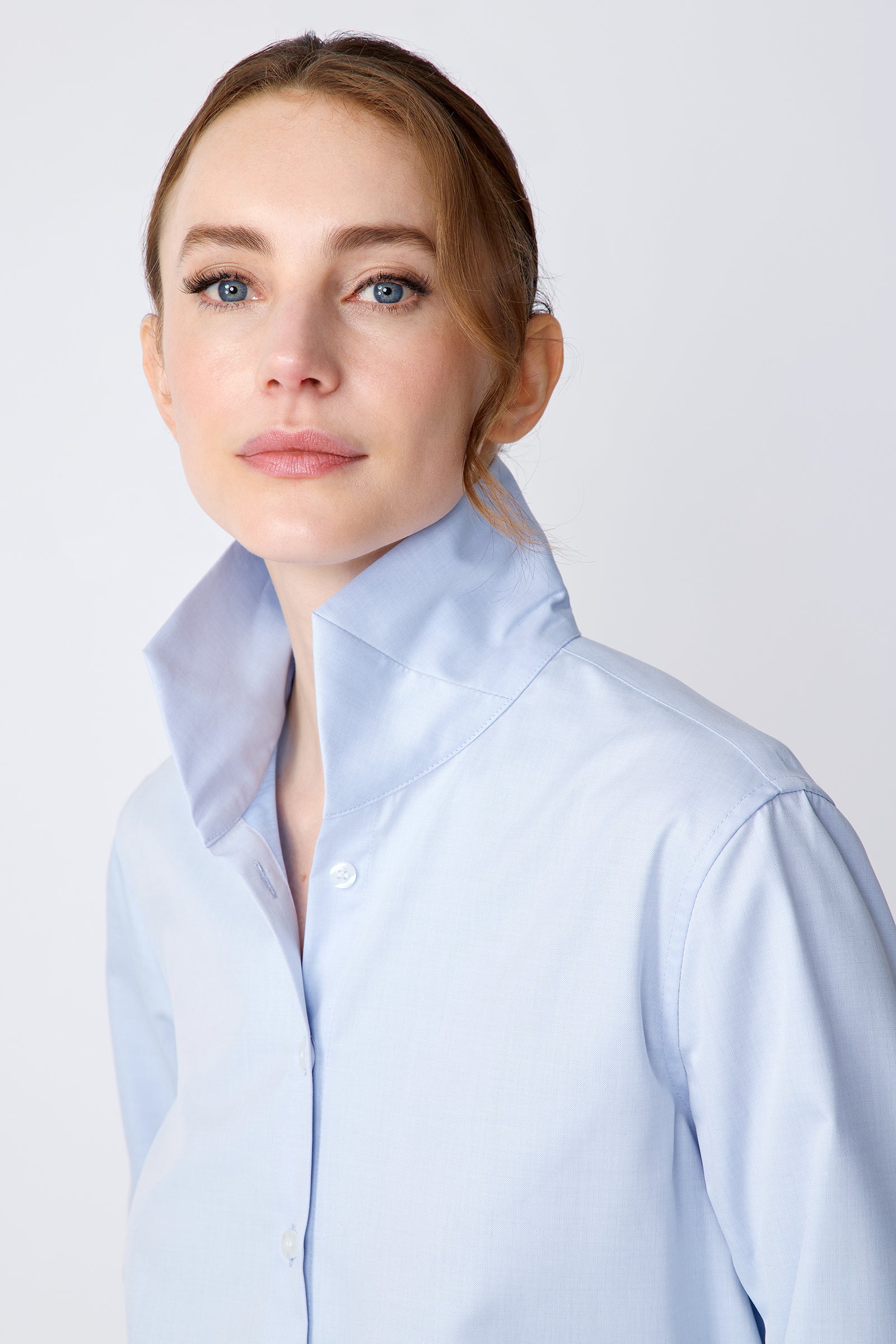 Kal Rieman Ginna Box Pleat Shirt in Soft Blue on model close up