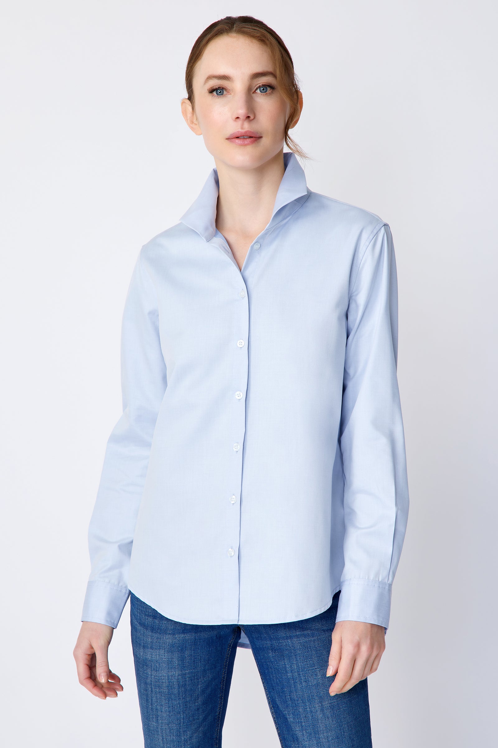 Kal Rieman Ginna Box Pleat Shirt in Soft Blue on model front view