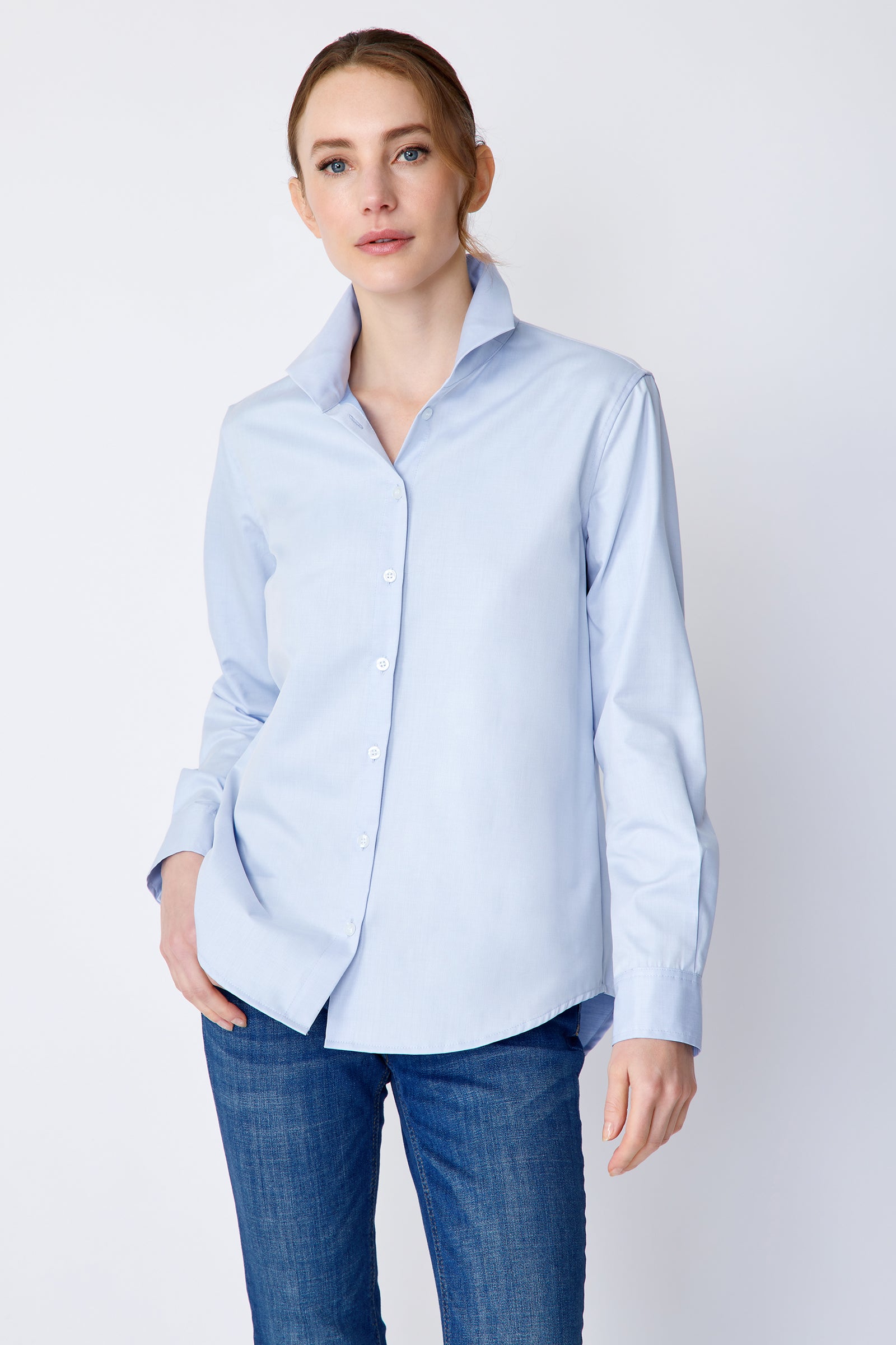 Kal Rieman Ginna Box Pleat Shirt in Soft Blue on model front view hand in pocket