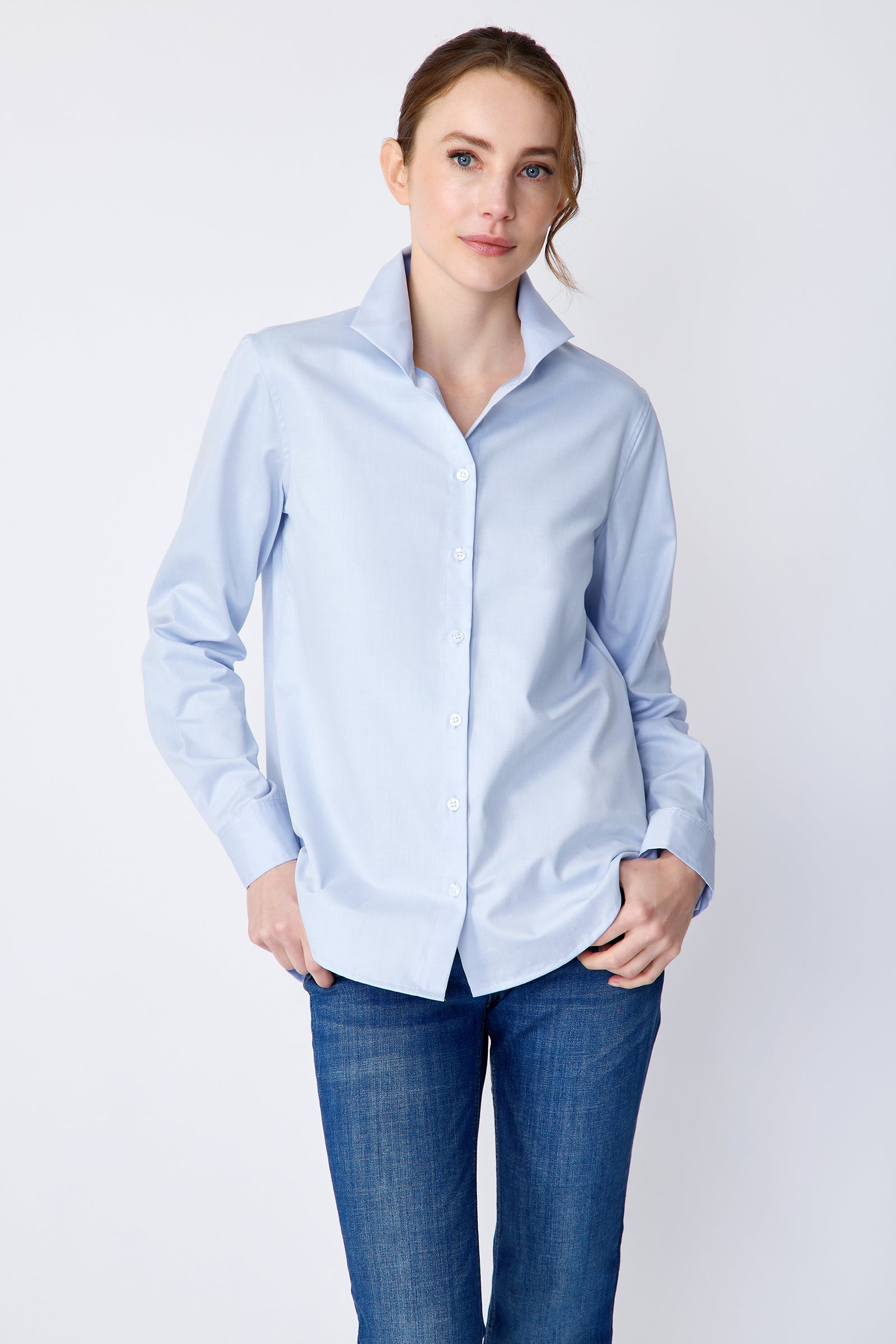 Kal Rieman Ginna Box Pleat Shirt in Soft Blue on model front view hands in pockets