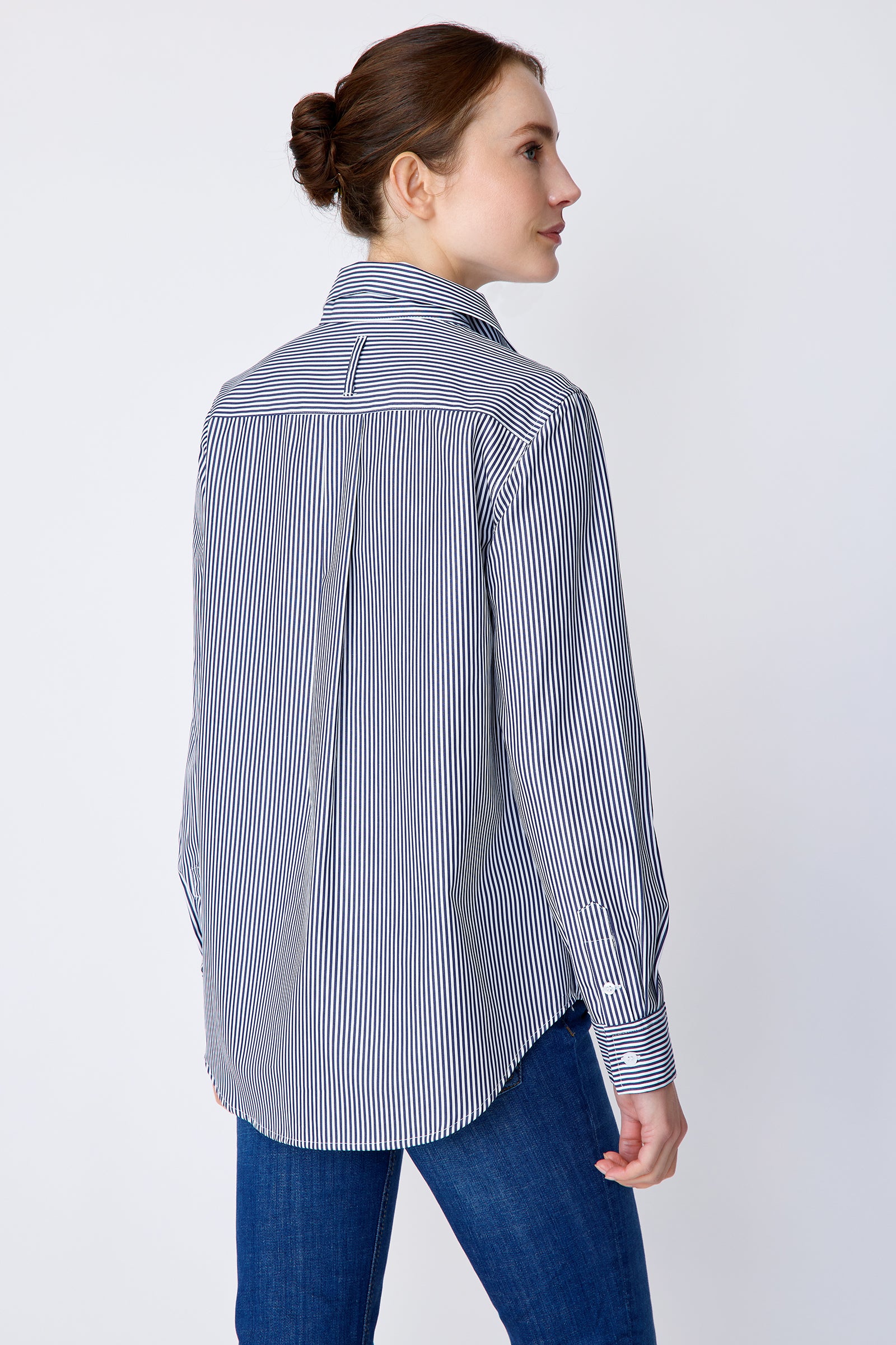 Kal Rieman Ginna Box Pleat Shirt in Bengal Stripe on model hand in pocket