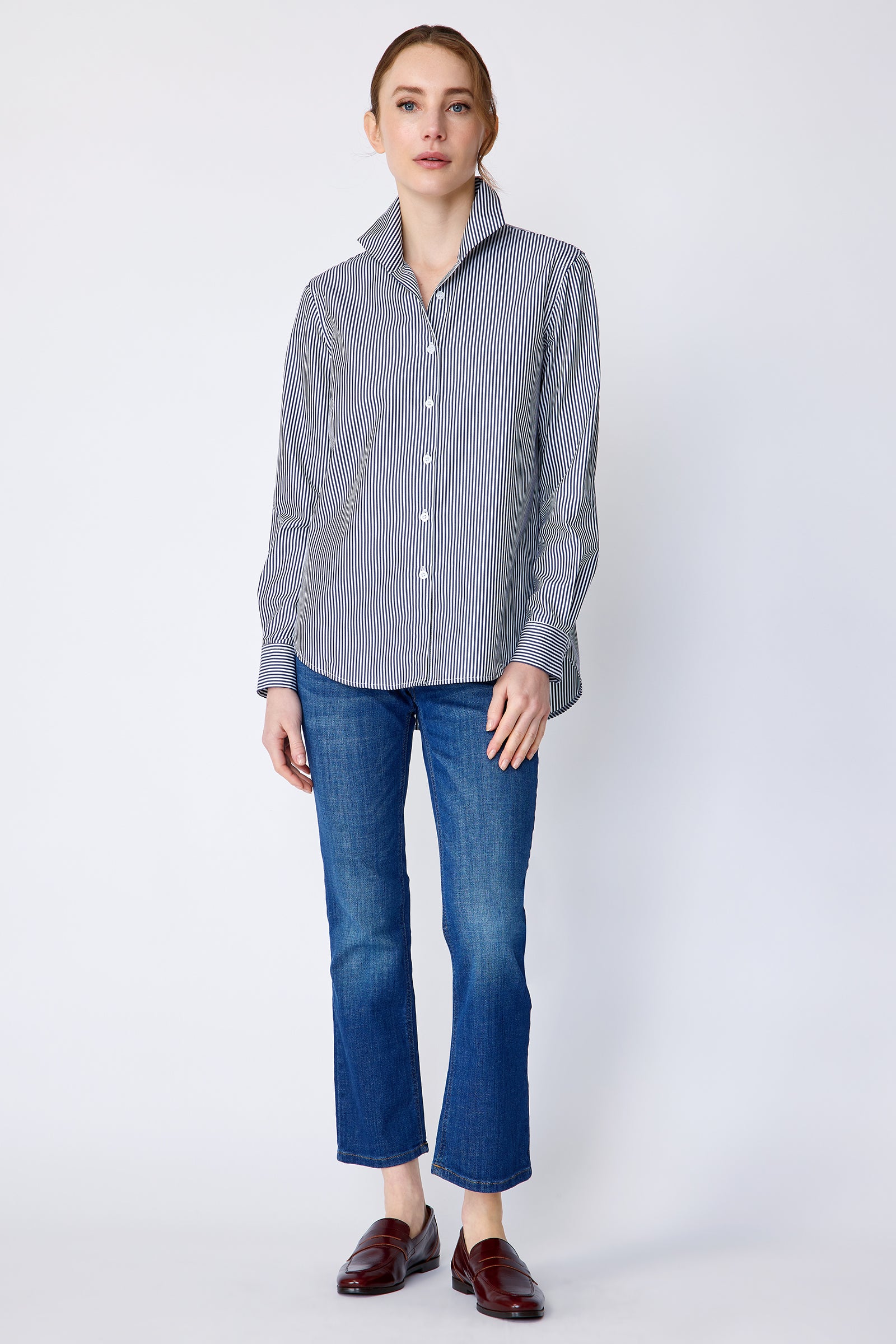 Kal Rieman Ginna Box Pleat Shirt in bengal stripe on model front view full