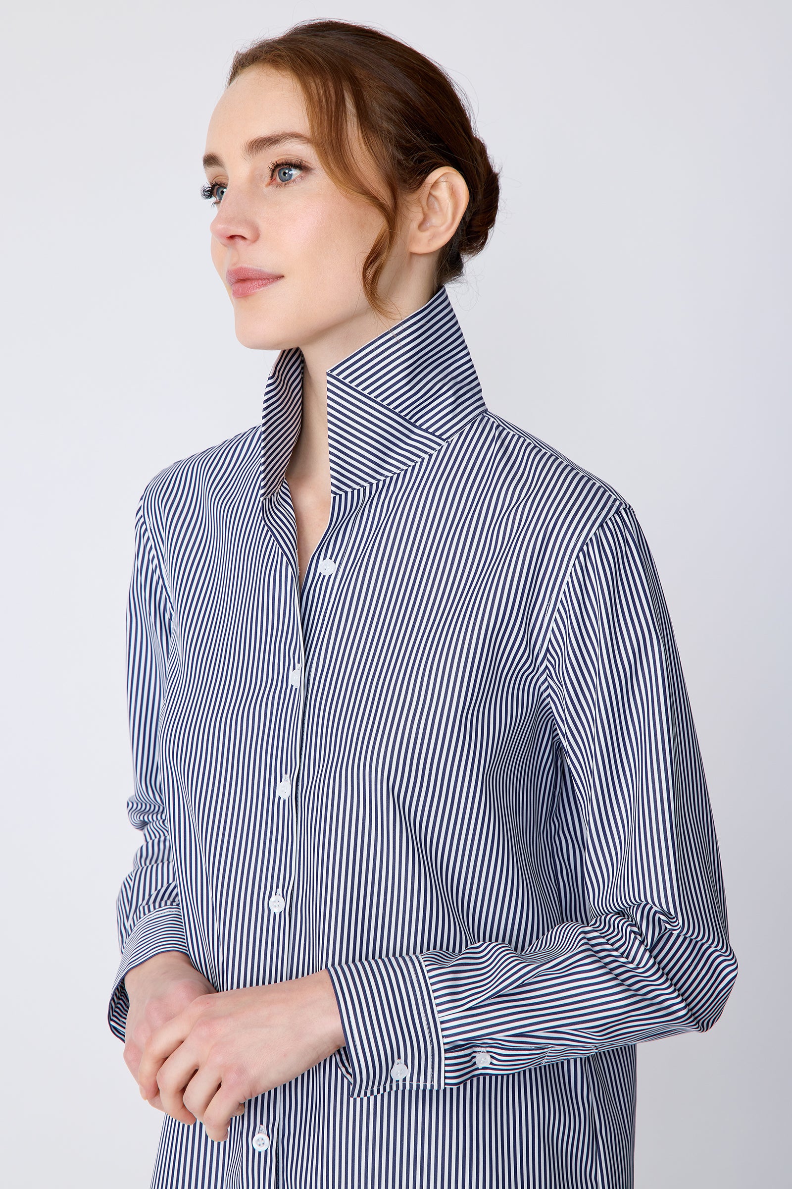 Kal Rieman Ginna Box Pleat Shirt in bengal stripe on model side view