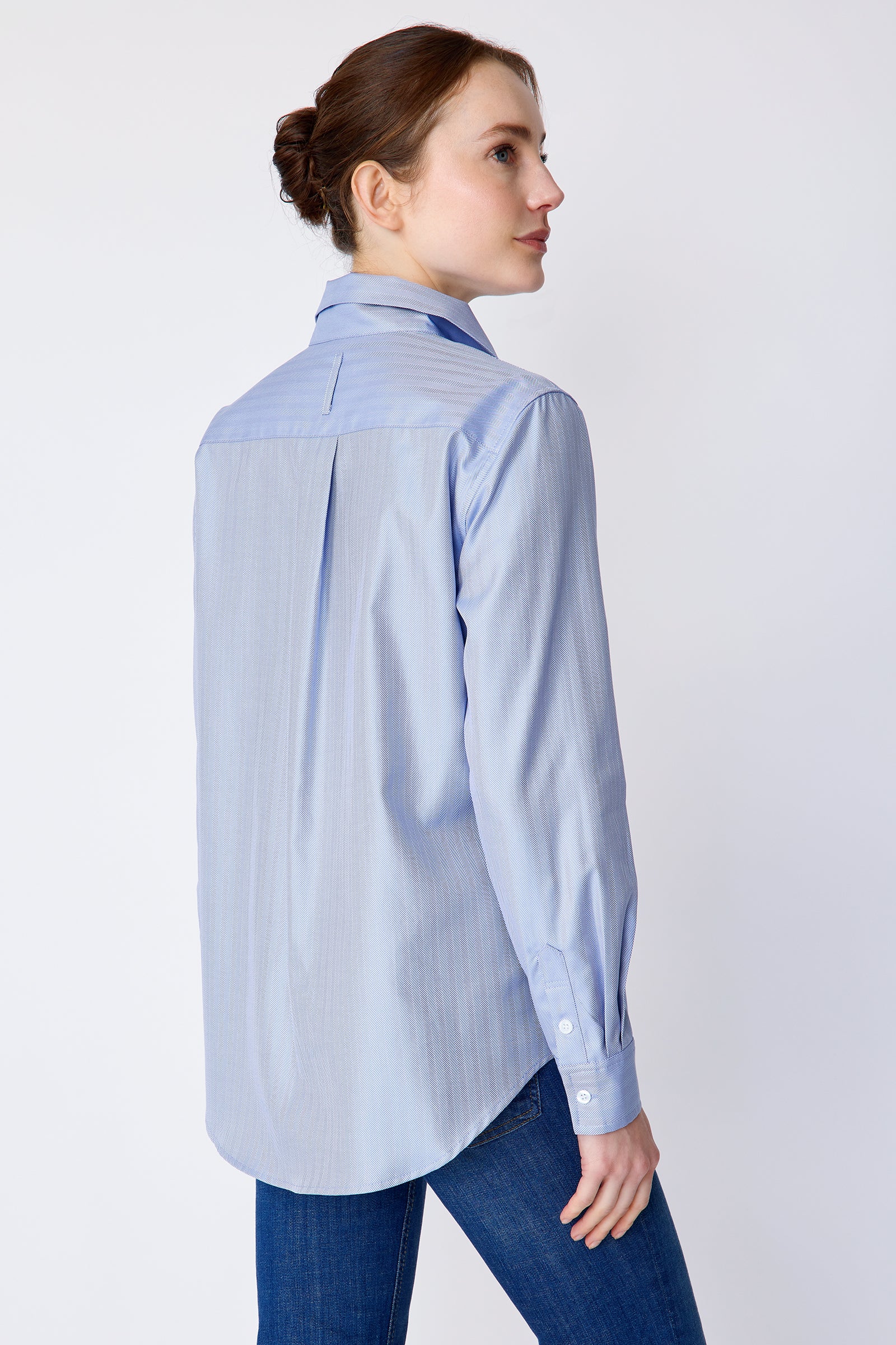Kal Rieman Ginna Box Pleat Shirt in blue french blue herringbone on model front view full