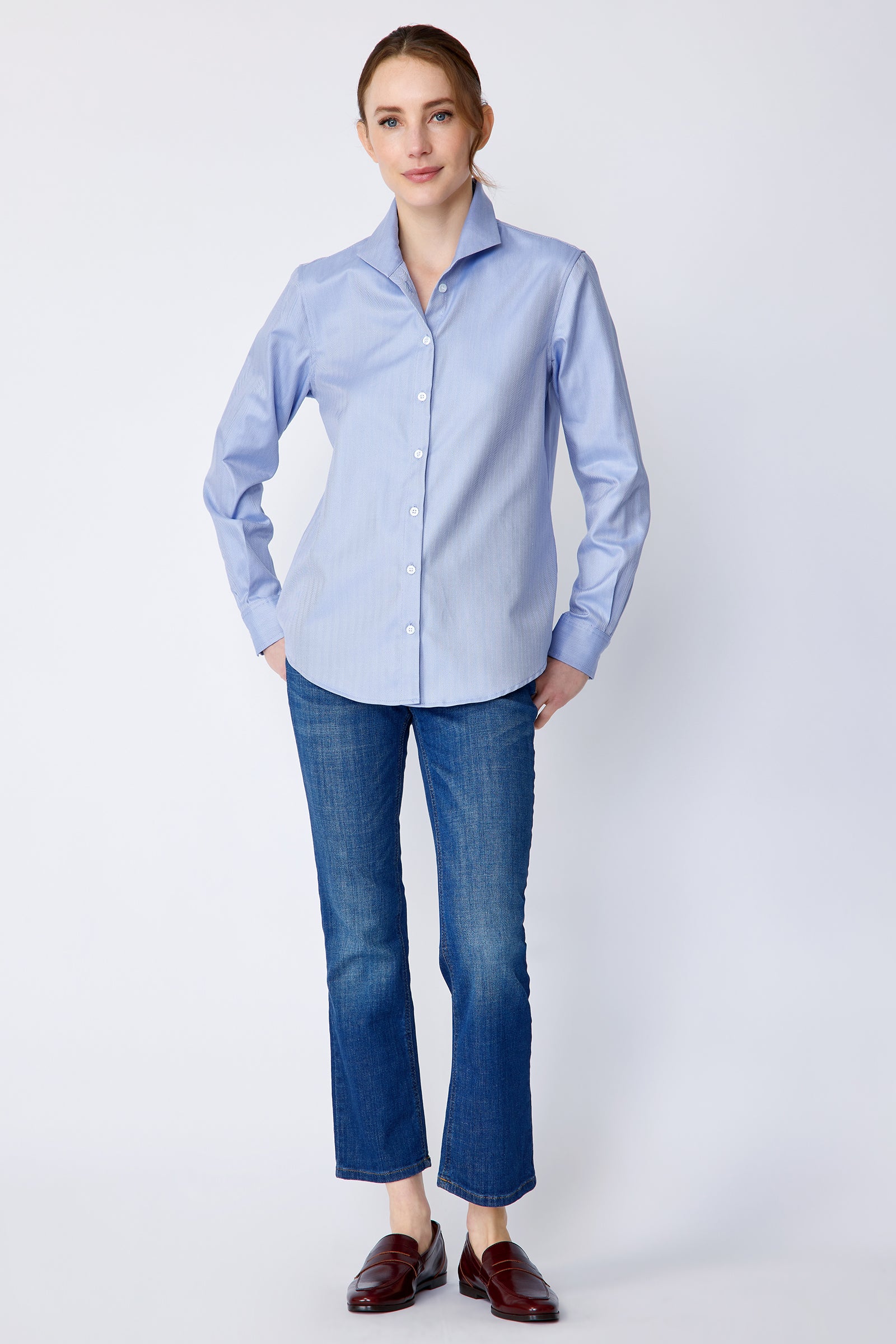 Kal Rieman Ginna Box Pleat Shirt in blue french blue herringbone on model front view full
