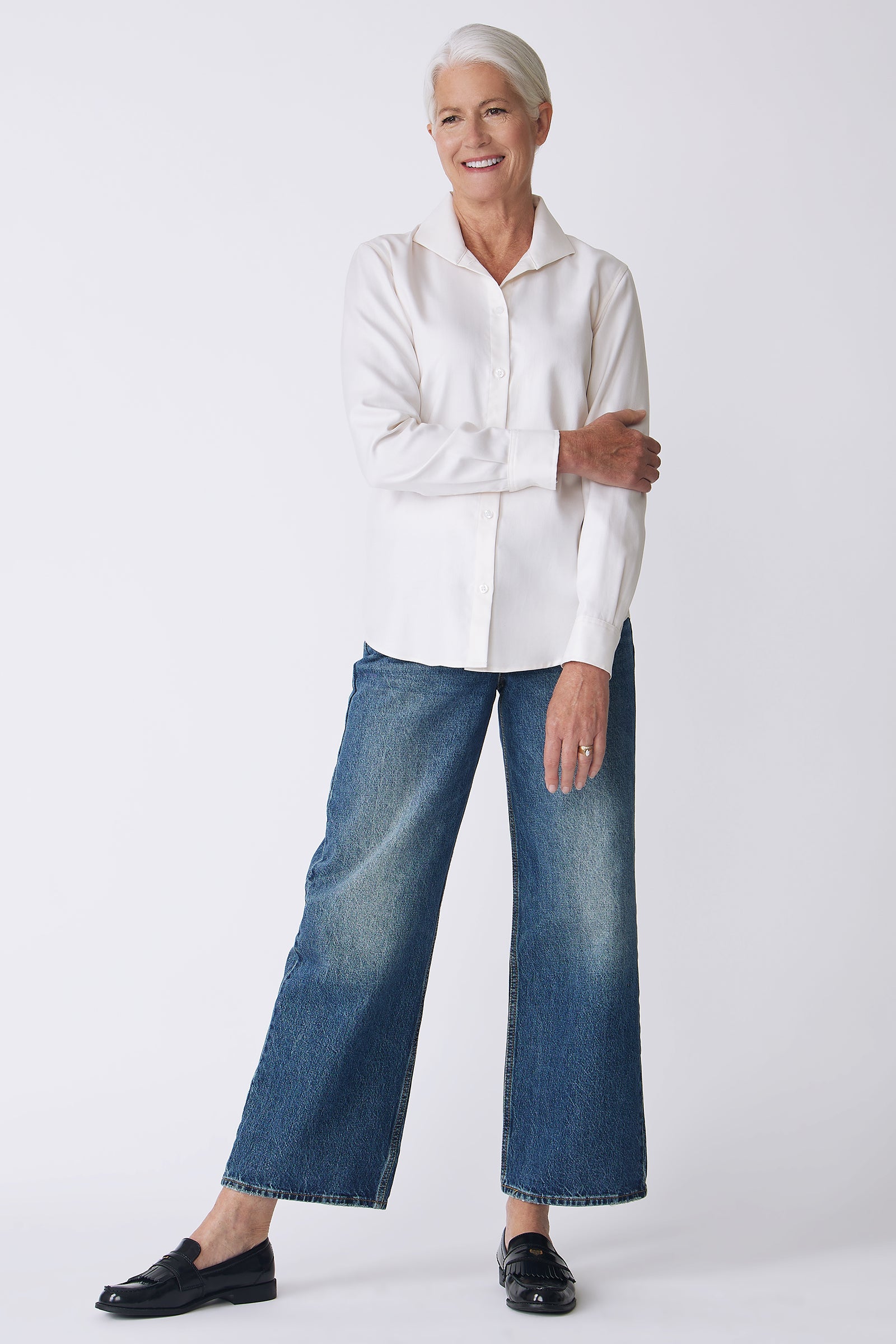 Kal Rieman Ginna Box Pleat Shirt in Ivory Fine Herringbone on Model Front View holding arm
