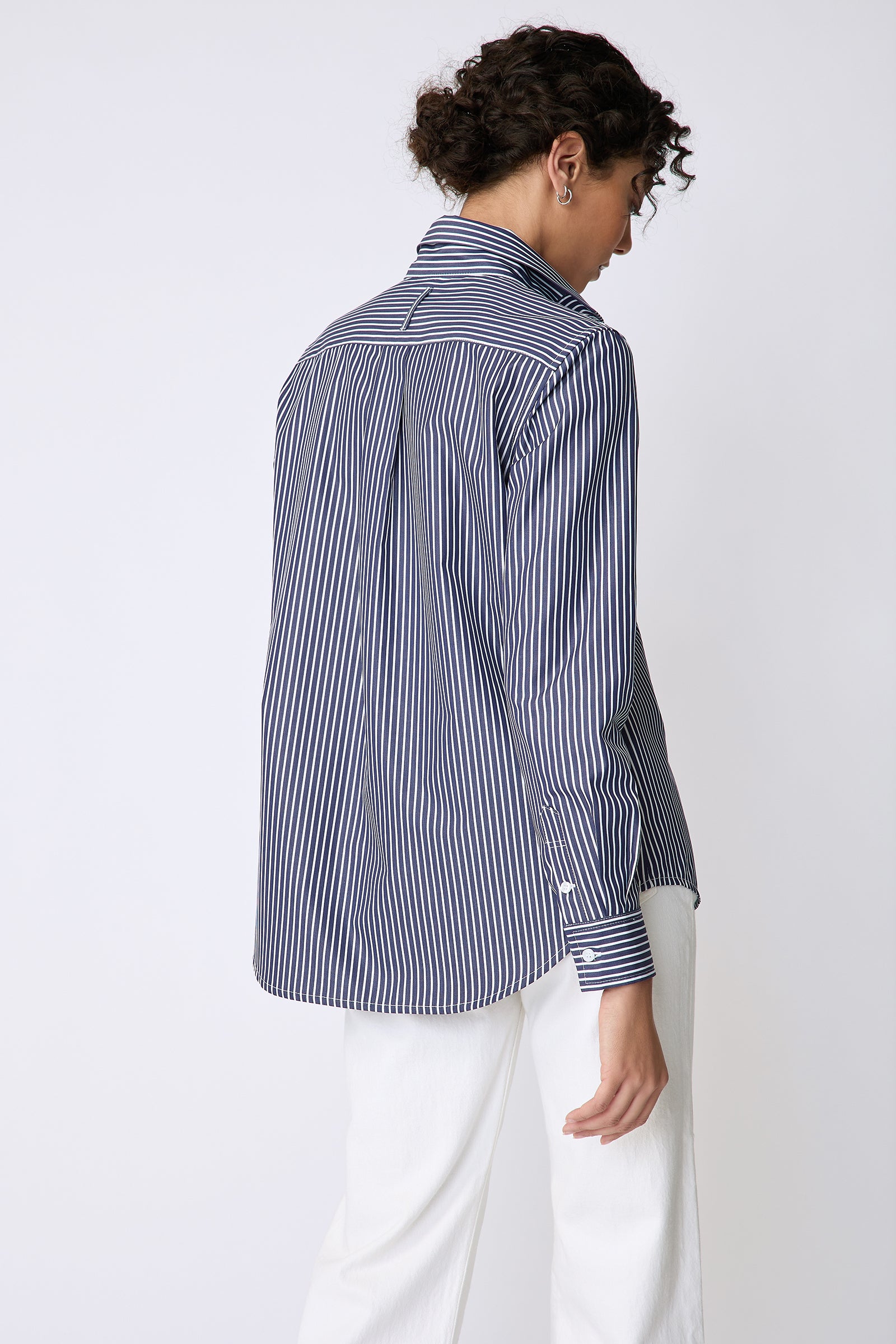 Kal Rieman Ginna Box Pleat Tailored Shirt in Savoy Stripe on model back view