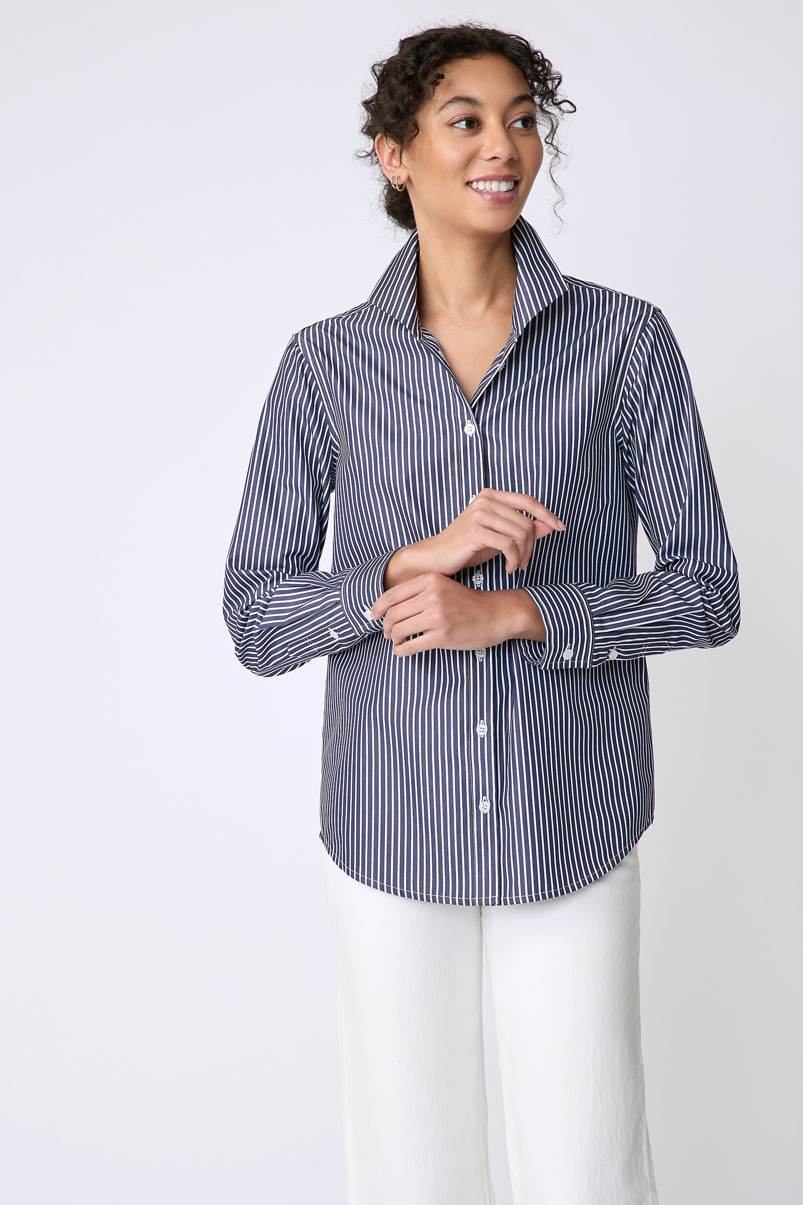 Kal Rieman Ginna Box Pleat Tailored Shirt in Savoy Stripe on model front view holding cuffs