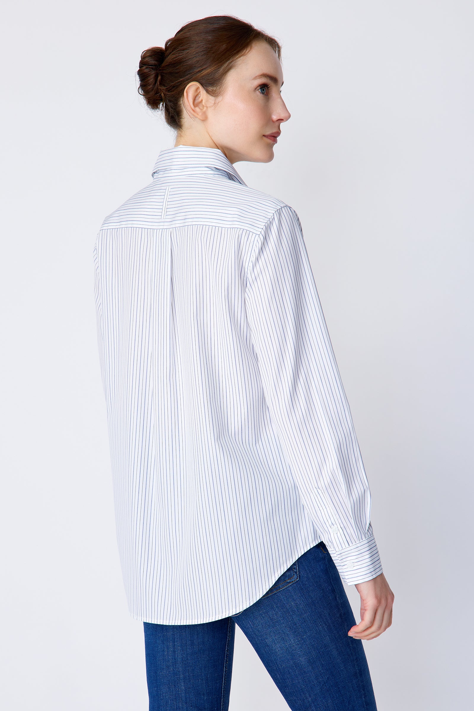 Kal Rieman Ginna Box Pleat Tailored Shirt in Varied Stripe on model back view