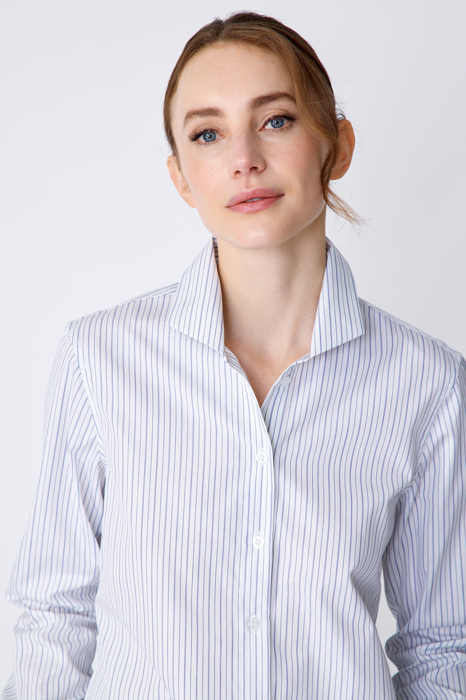 Kal Rieman Ginna Box Pleat Tailored Shirt in Varied Stripe on model front view detail