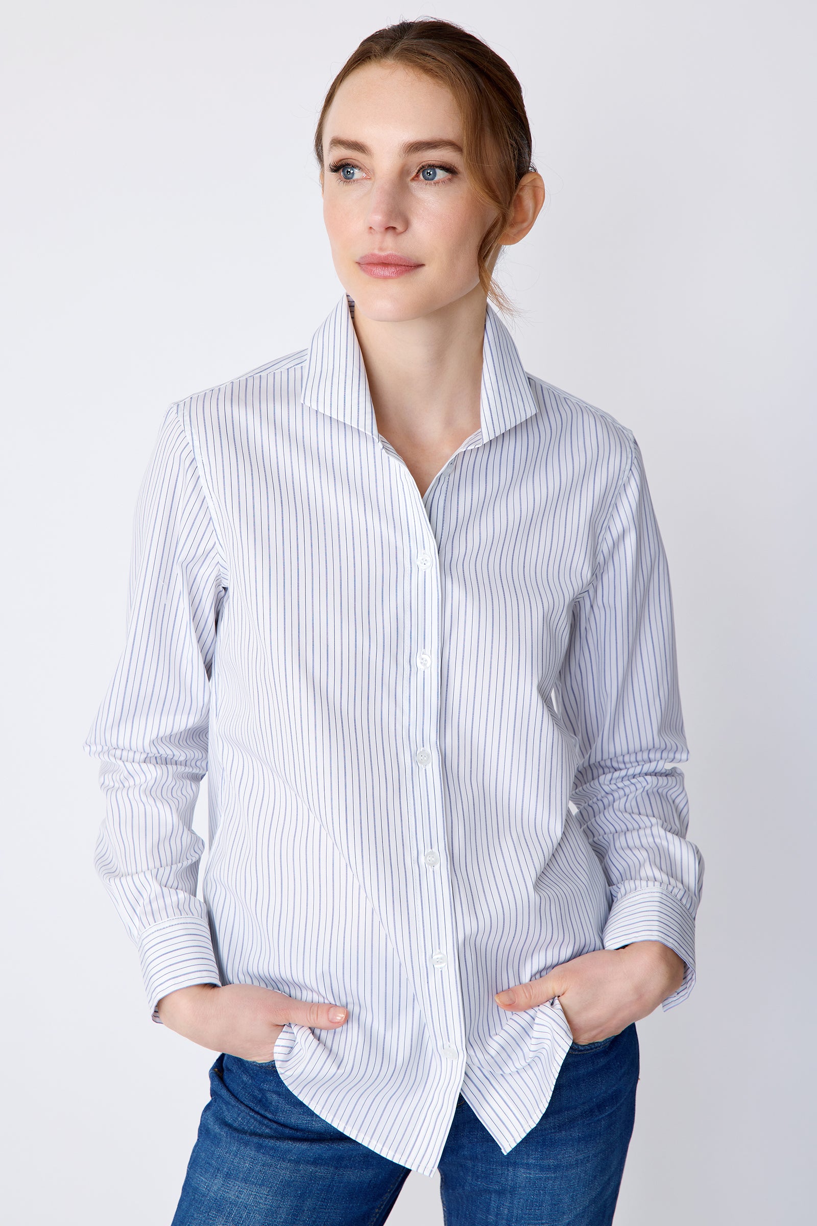 Kal Rieman Ginna Box Pleat Tailored Shirt in Varied Stripe on model front view hands in pockets