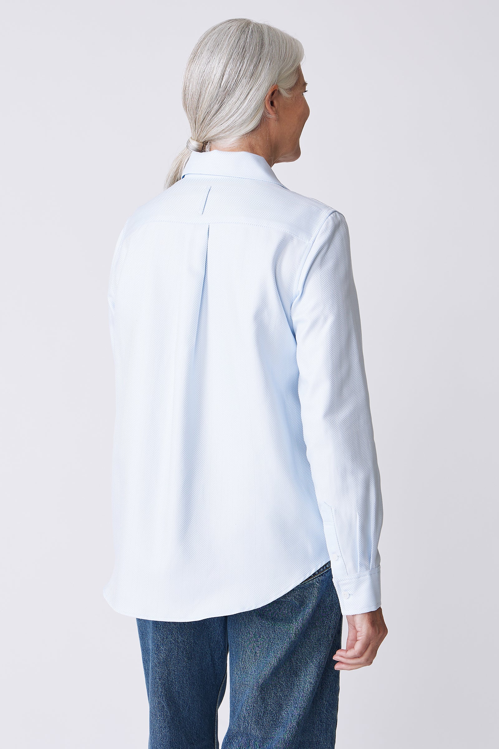 Kal Rieman Ginna Box Pleat Shirt in French Blue Herringbone on Model Back View