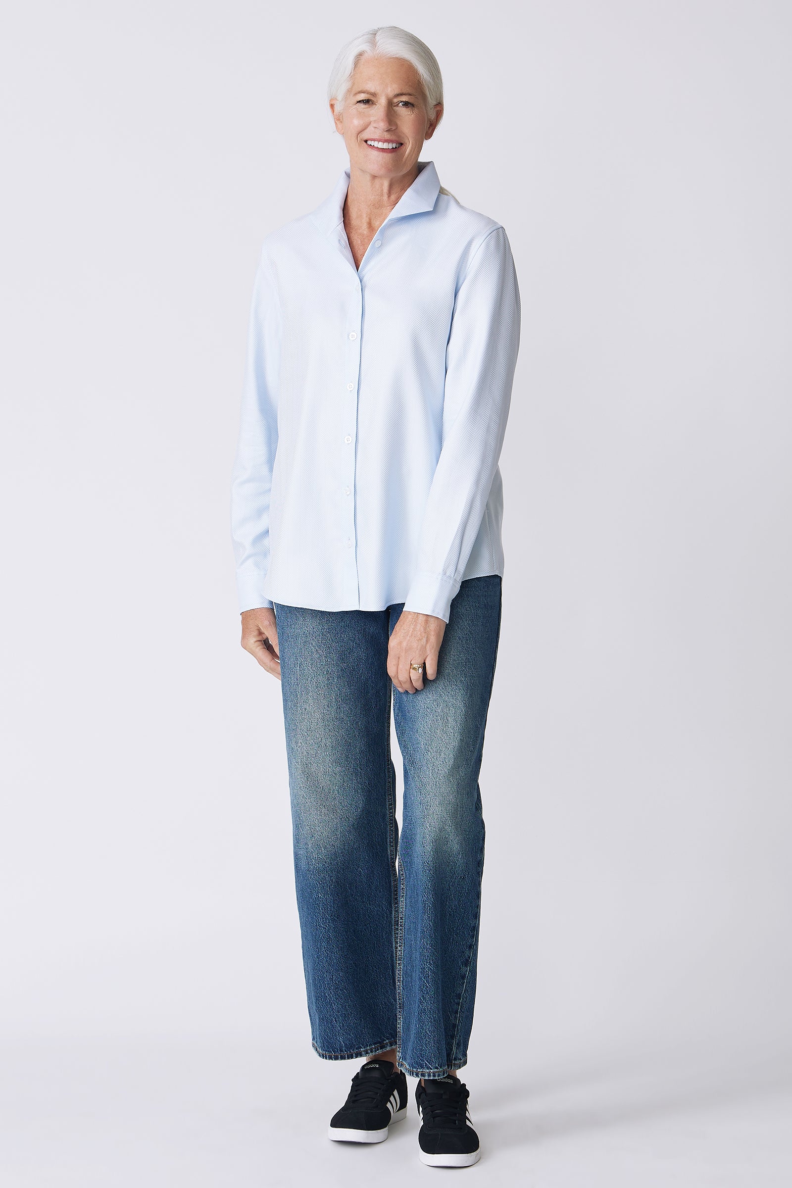 Kal Rieman Ginna Box Pleat Shirt in French Blue Herringbone on Model Front View smiling