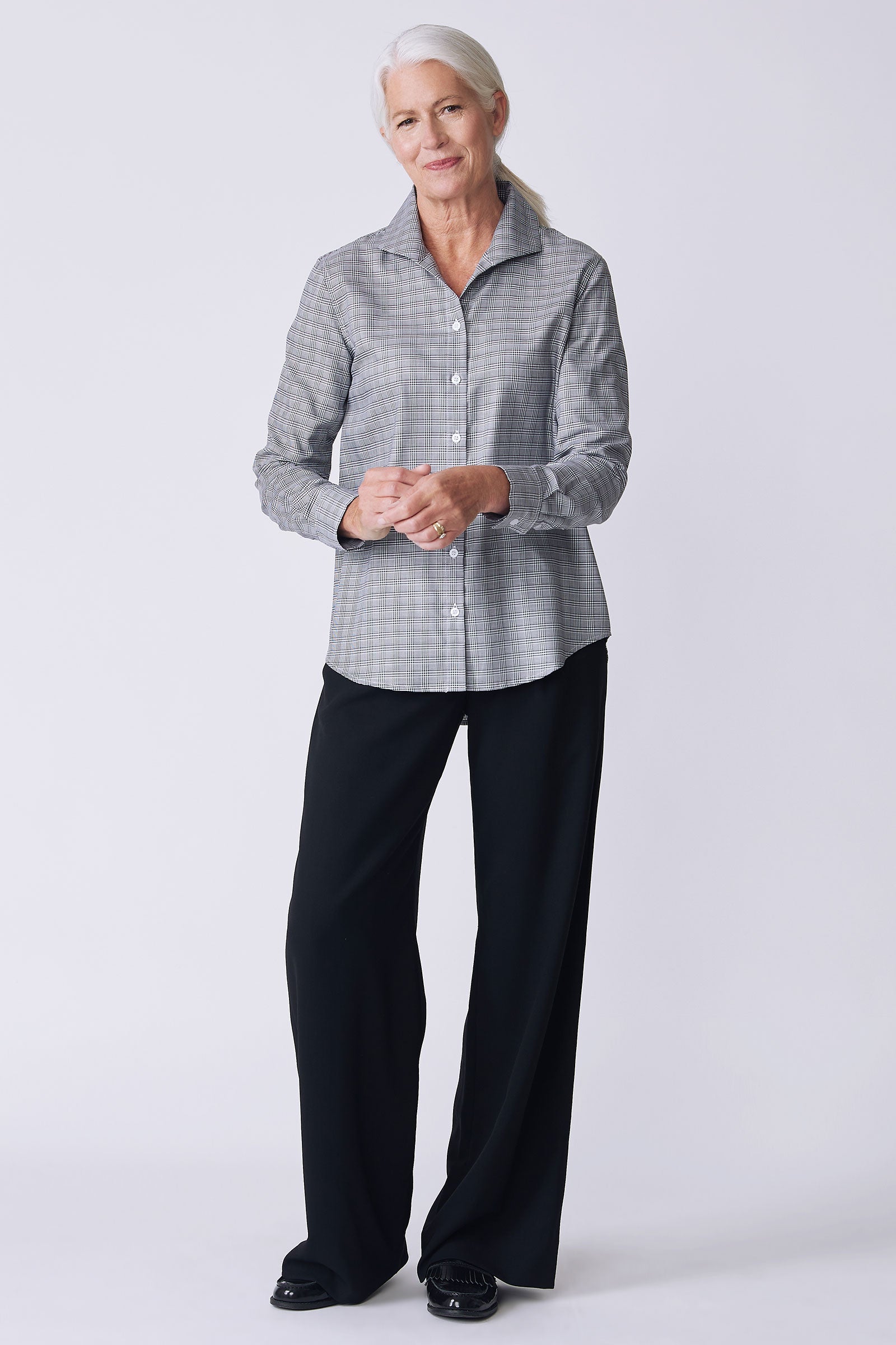 Kal Rieman Ginna Box Pleat Tailored Shirt in glen plaid black and white on model front view full look