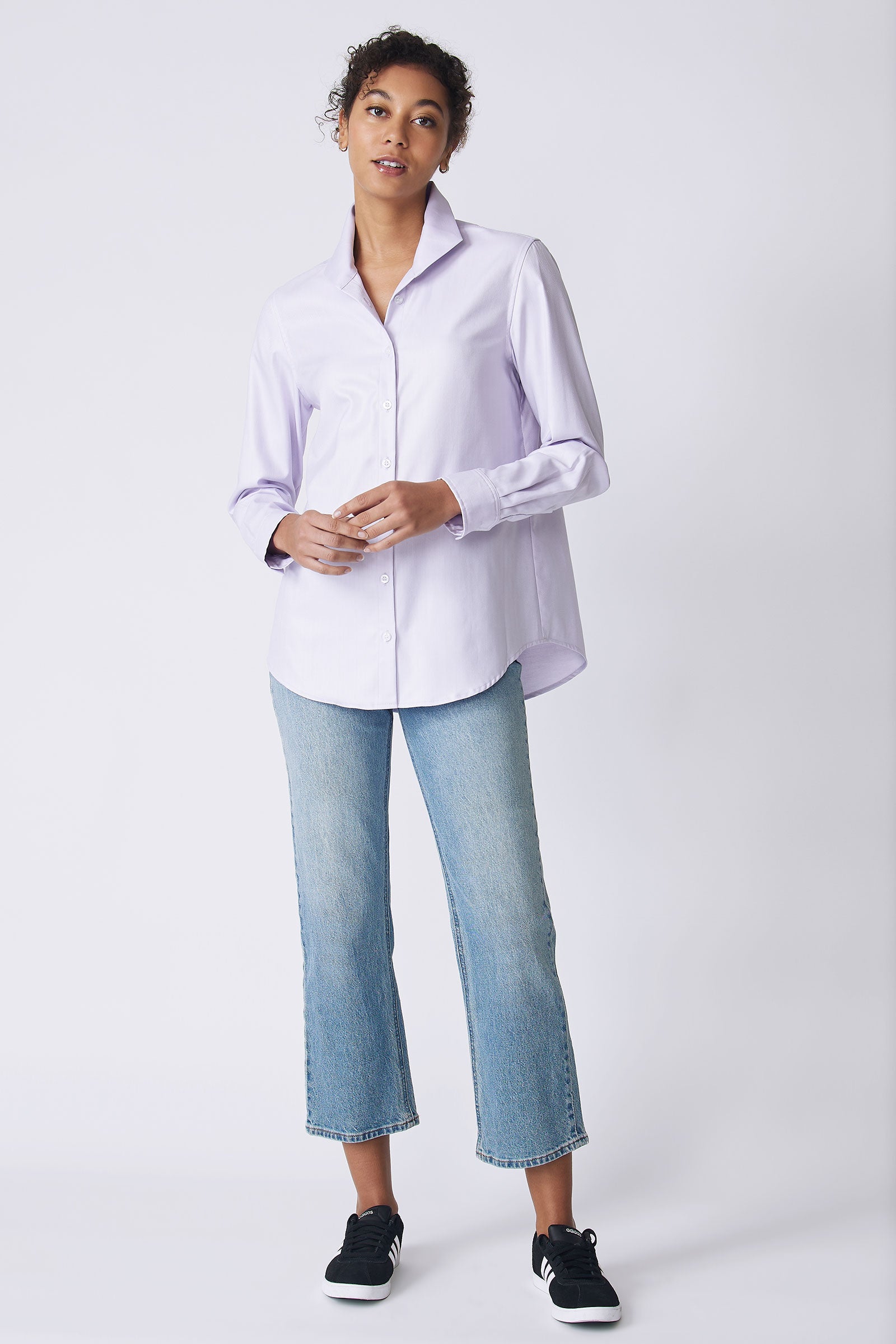 Kal Rieman Ginna Box Pleat Tailored Shirt in lavender fine herringbone on model front view full holding hands