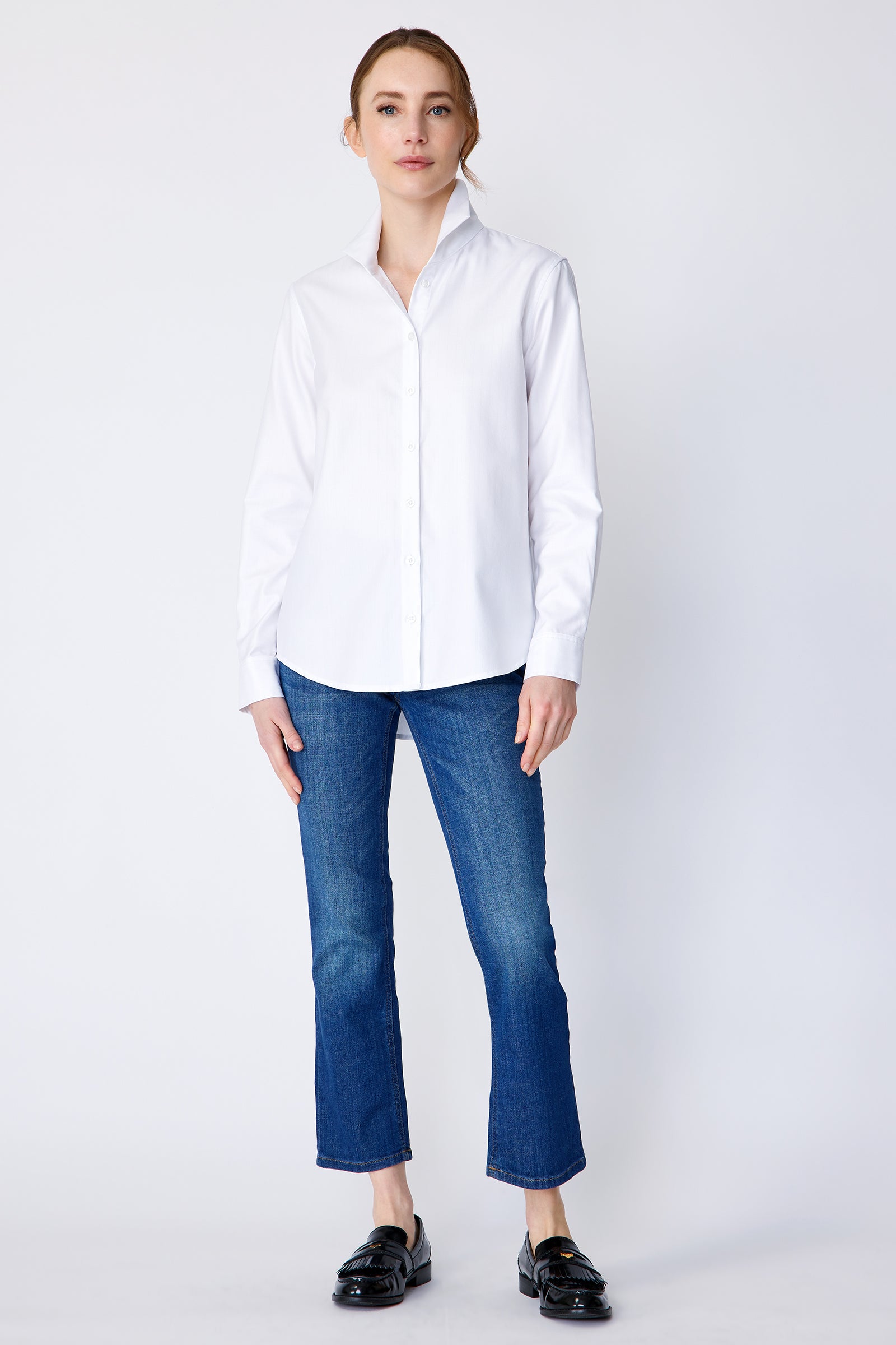 Kal Rieman Ginna Box Pleat Tailored Shirt in white fine herringbone on model front view full