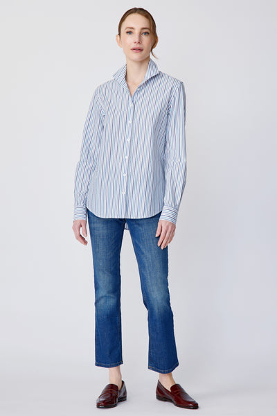 Ginna Box Pleat Shirt in Multi Stripe Navy Made From 100