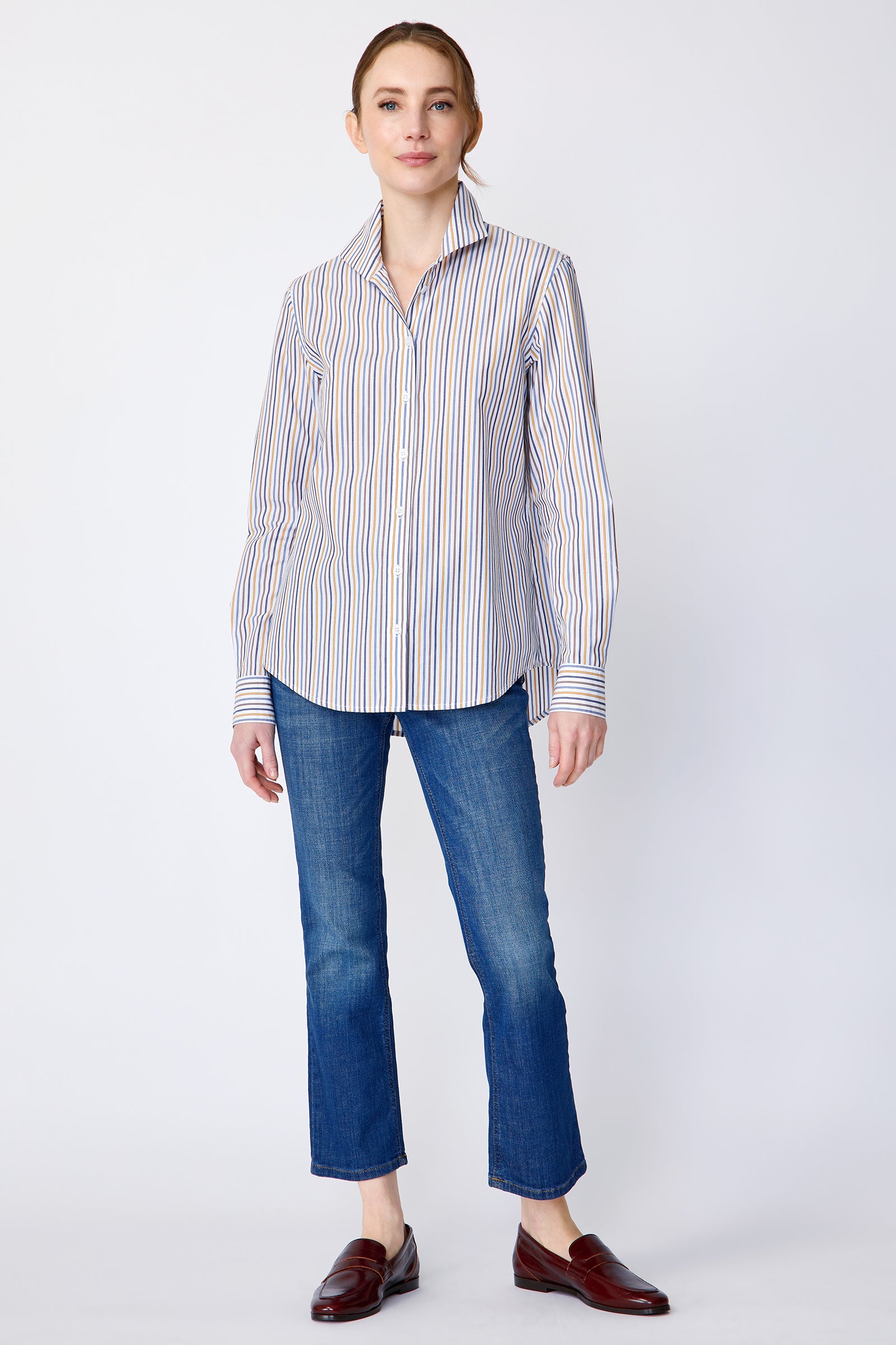 Kal Rieman Ginna Box Pleat in multi stripe on model front view full