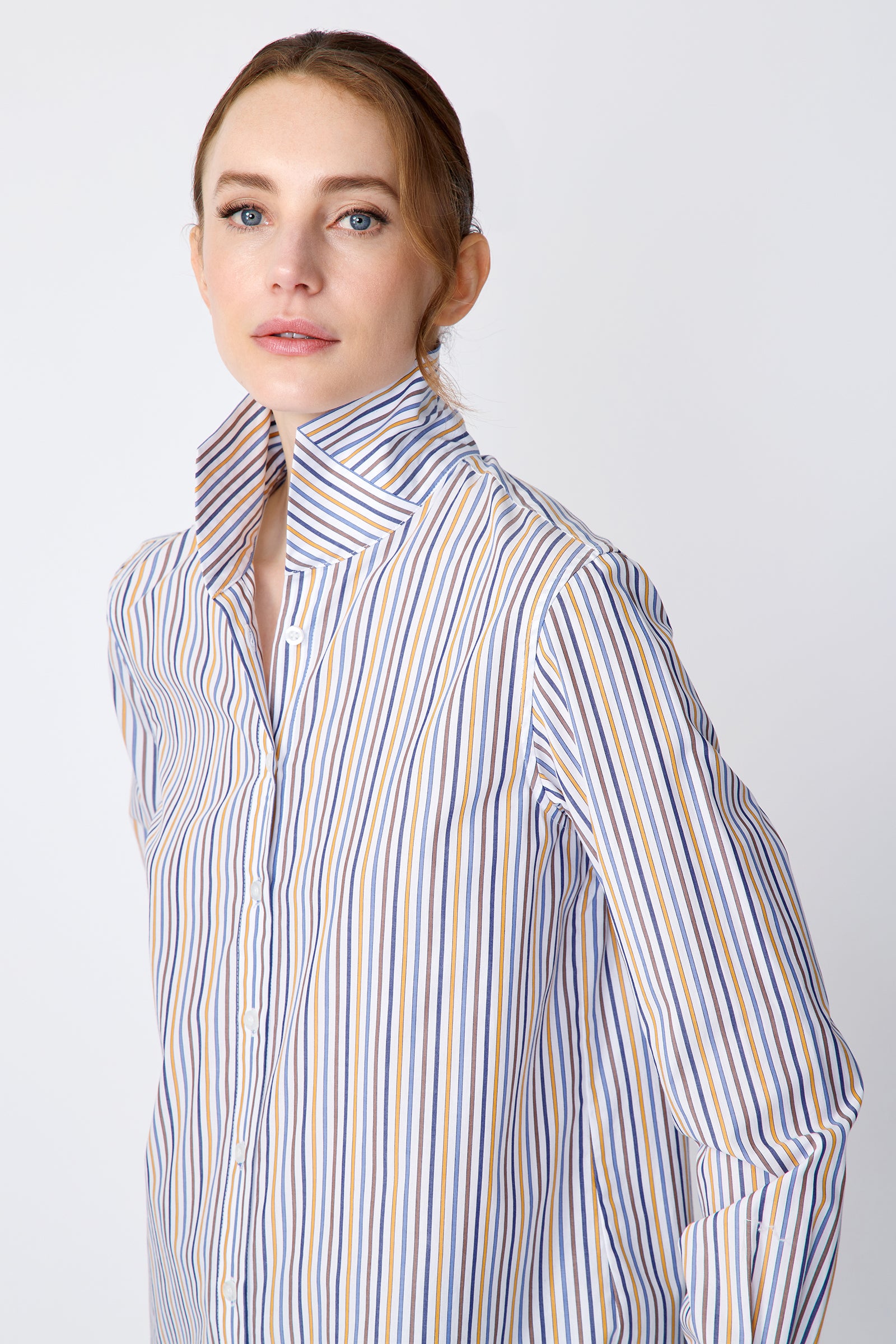 Kal Rieman Ginna Box Pleat in multi stripe on model side view detail