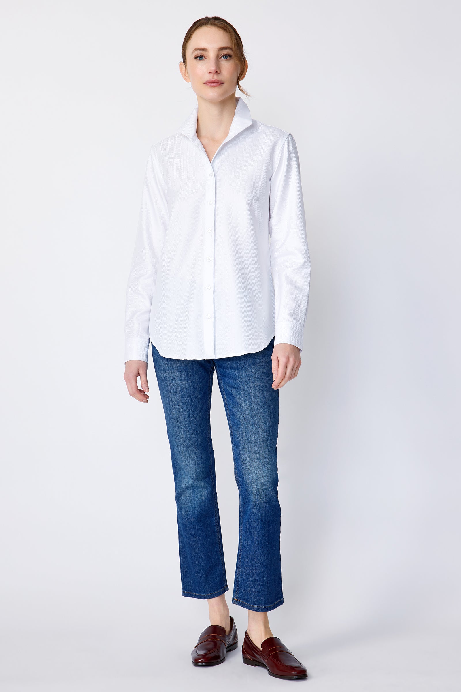 Kal Rieman Ginna Tailored Shirt in white herringbone on model full view hands by side