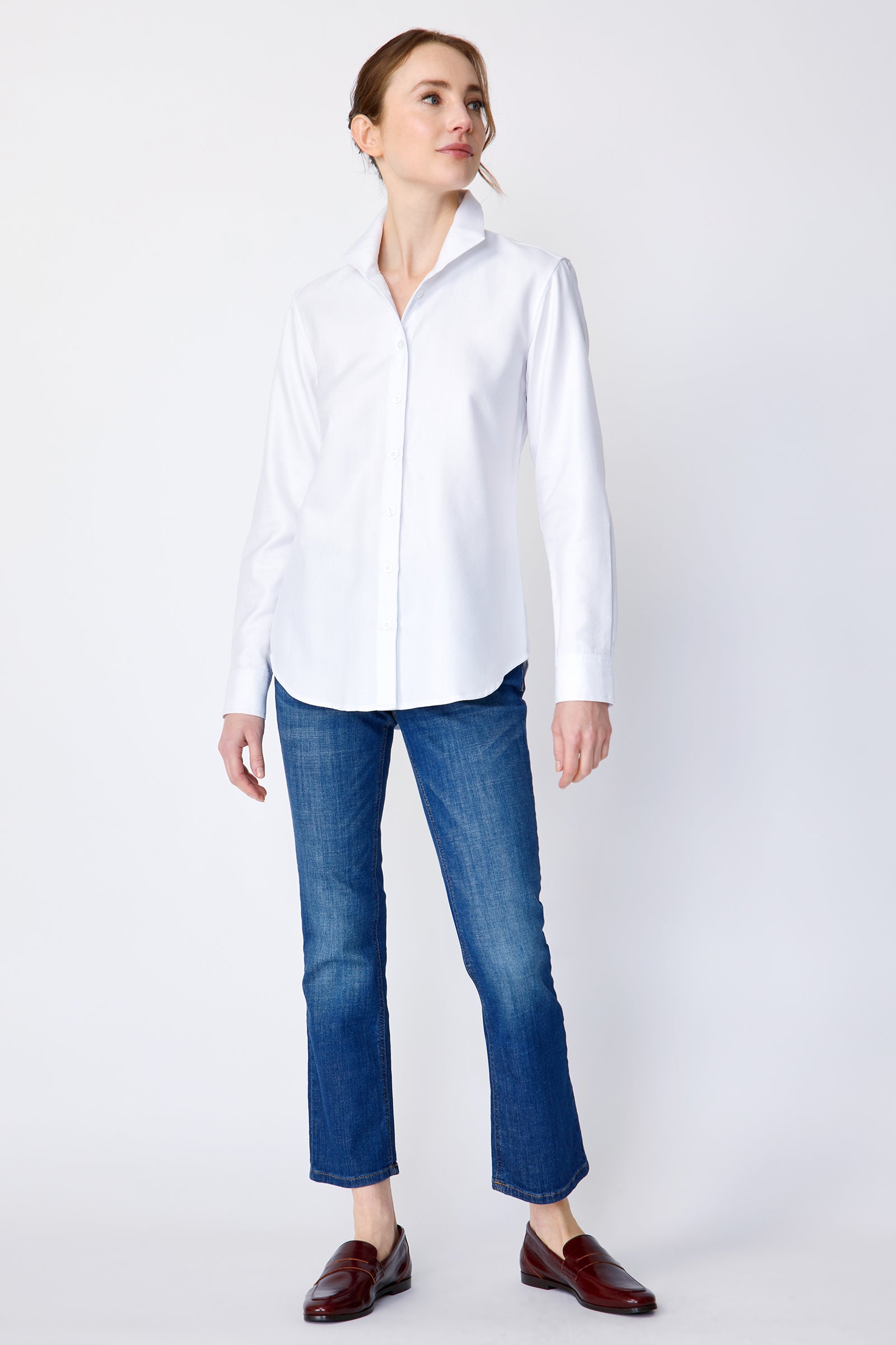 Kal Rieman Ginna Tailored Shirt in white herringbone on model full view