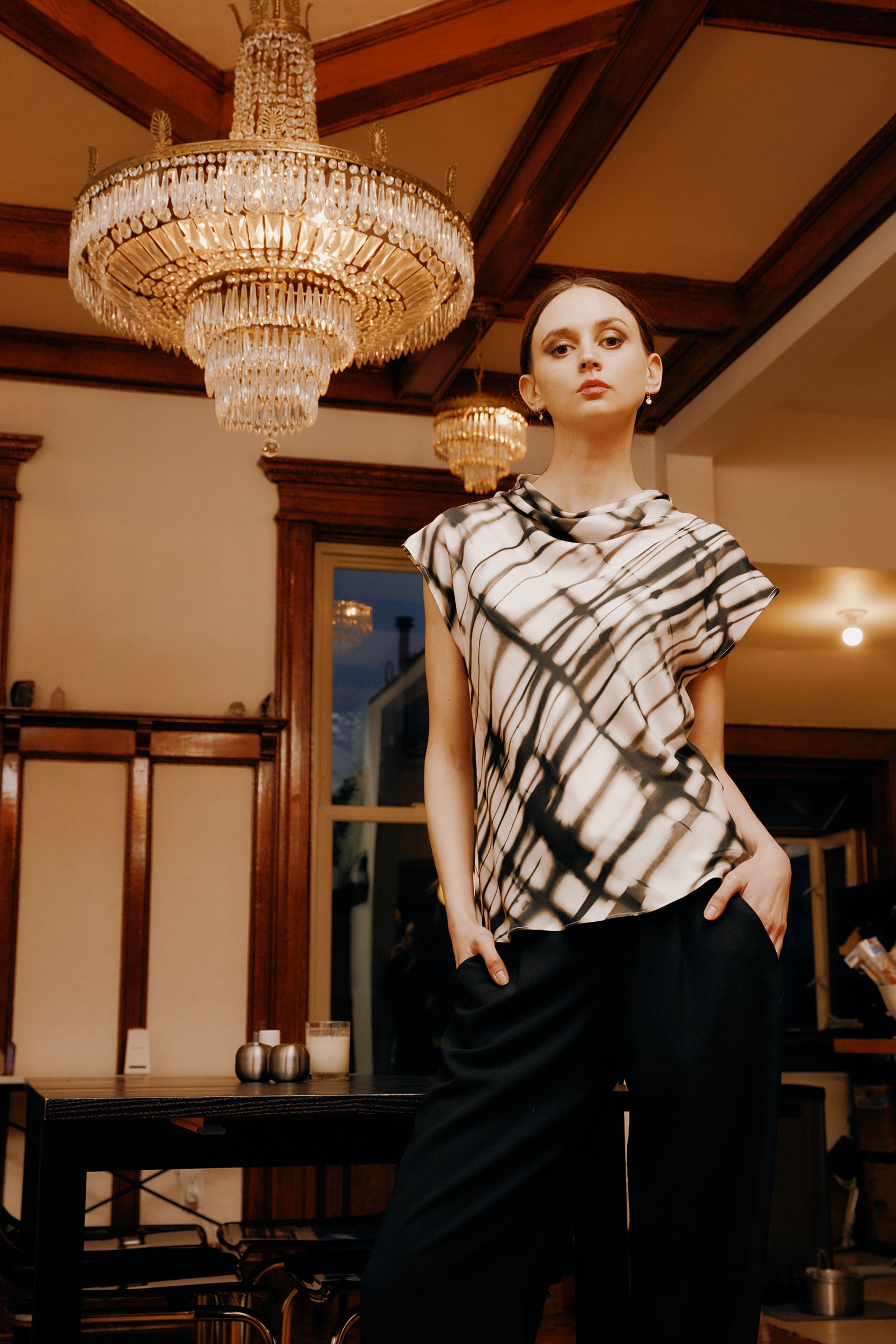 Kal Rieman Gloria Drape Top in Watercolor print on model lookbook image