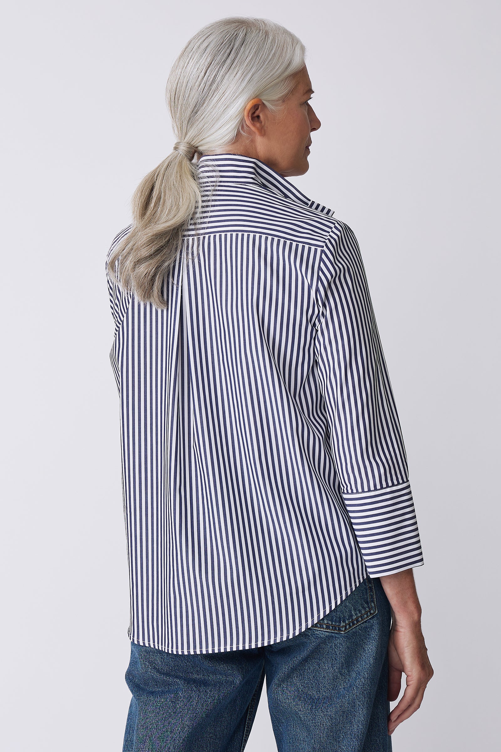 Kal Rieman Greta Placket Front Shirt in Indigo Stripe on Model Back View detail