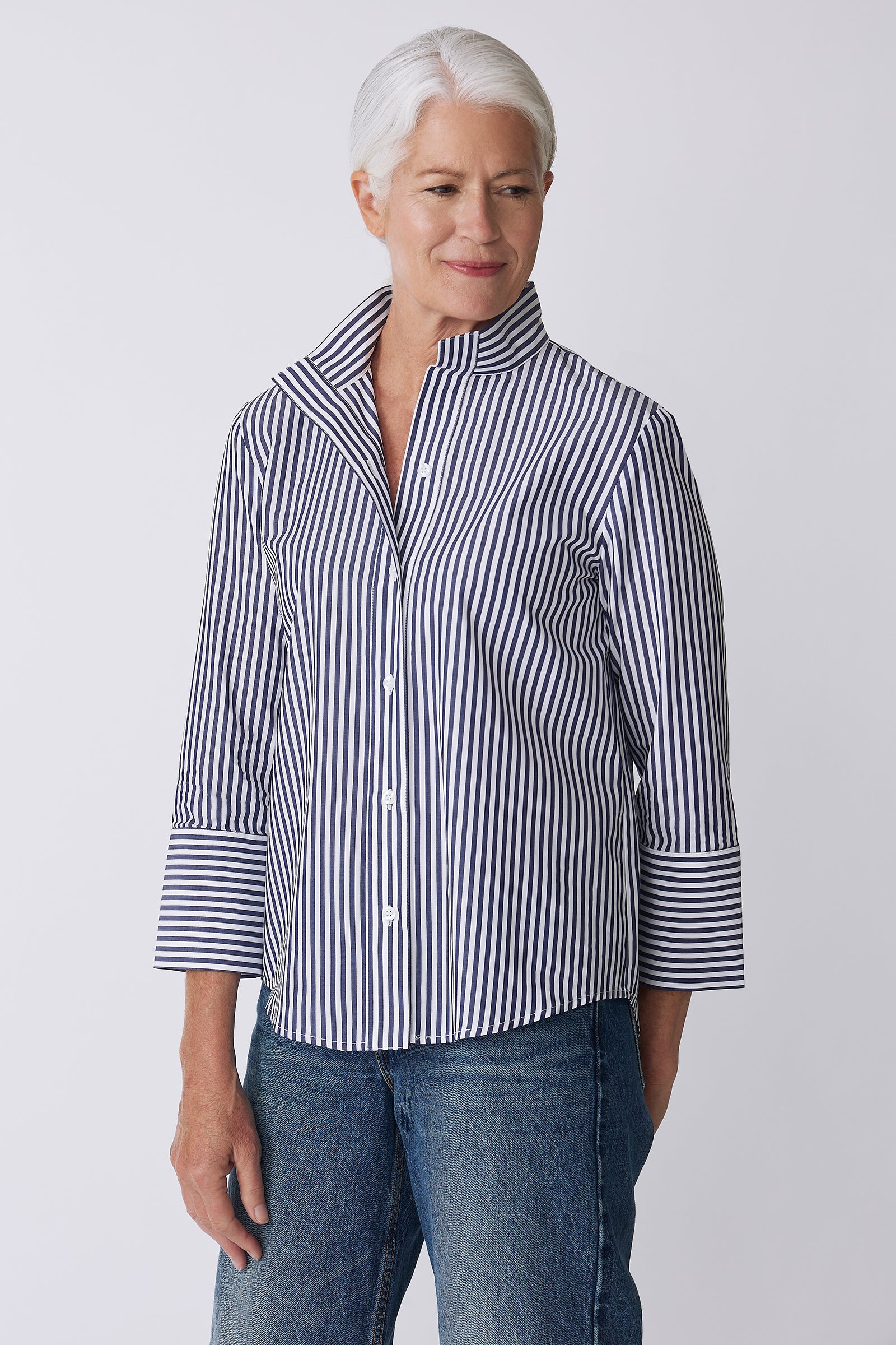 Kal Rieman Greta Placket Front Shirt in Indigo Stripe on Model front View detail with hands at sides