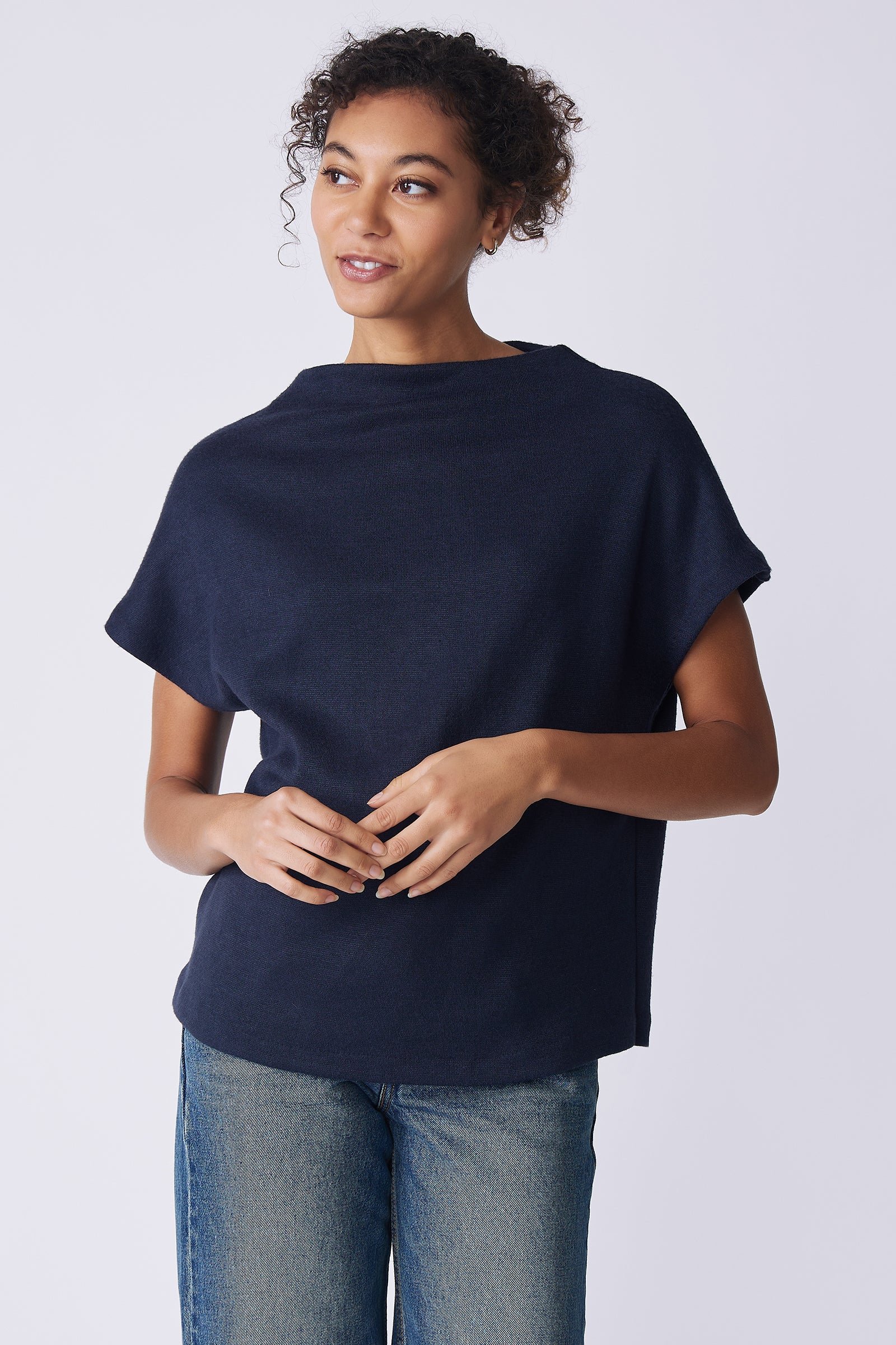 Kal Rieman Hanna Top in navy brushed knit on model front view
