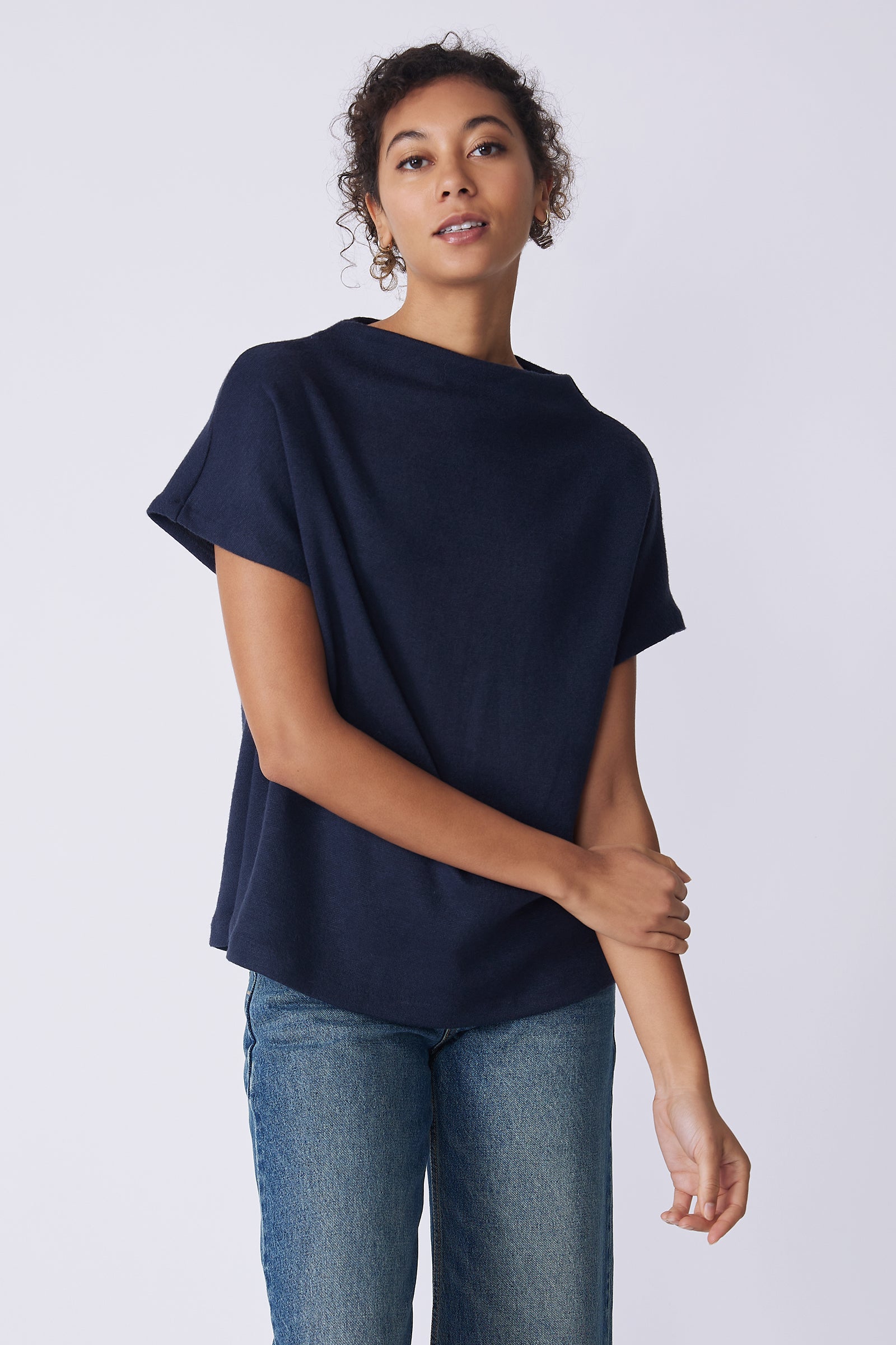 Kal Rieman Hanna Top in navy brushed knit on model front view