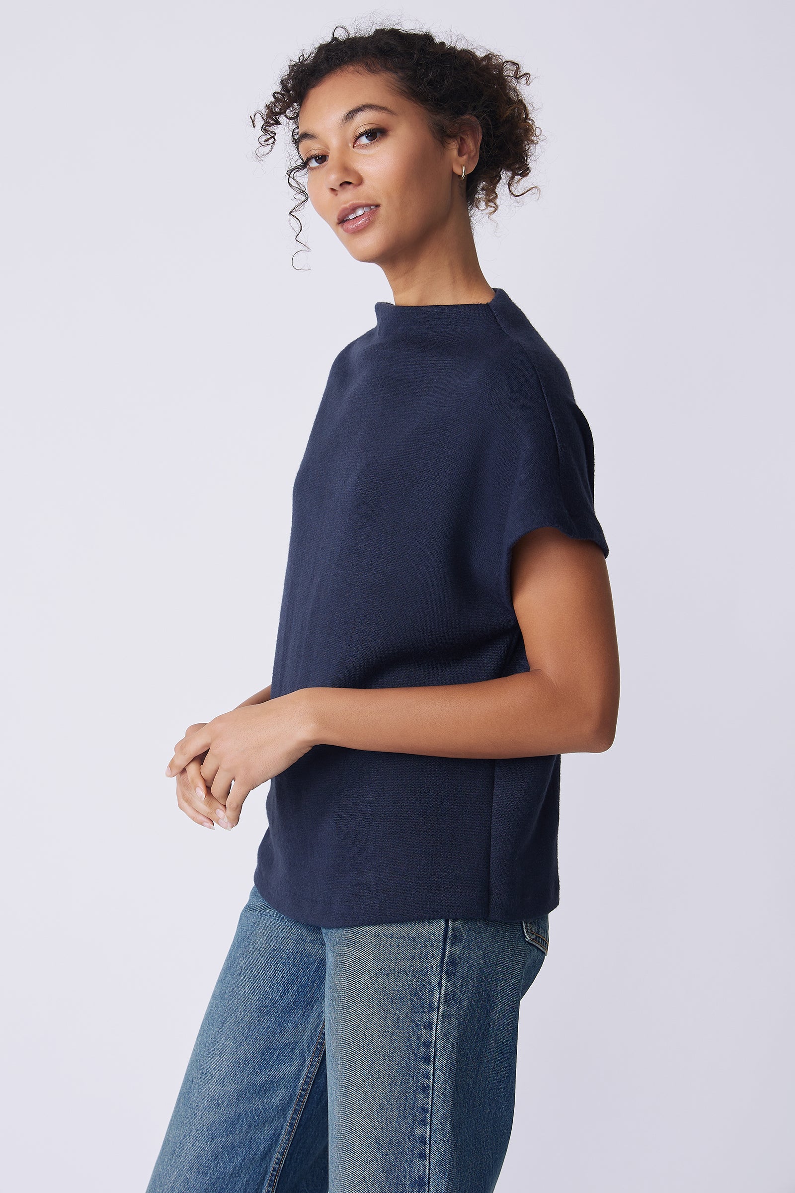 Kal Rieman Hanna Top in navy brushed knit on model side view