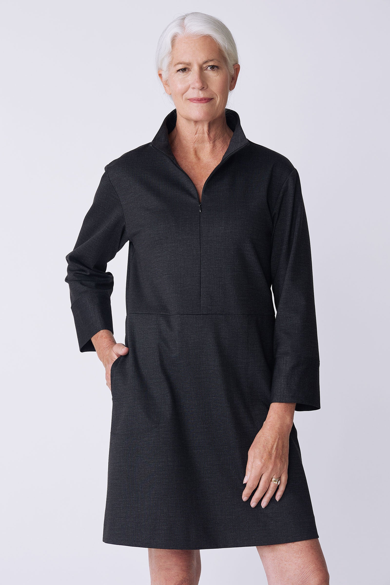 Kal Rieman Harper Dress in charcoal ponte on model front view hand in pocket
